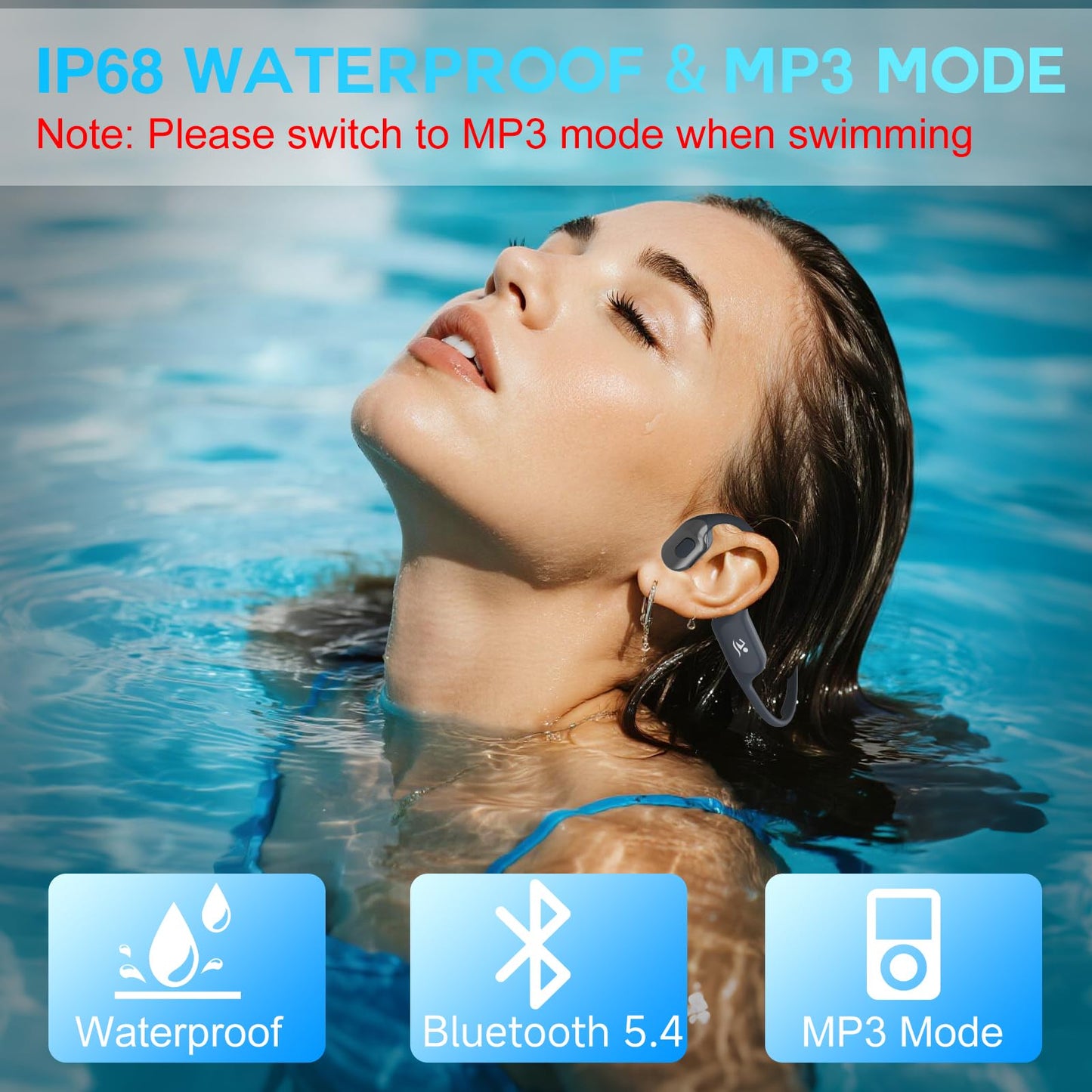 Swimming Headphone Open-Ear Bone Conduction-IP68 Waterproof Swim Earbuds with Bluetooth 5.4 Sport Headset with Safelight, 32G MP3 Memory Underwater…