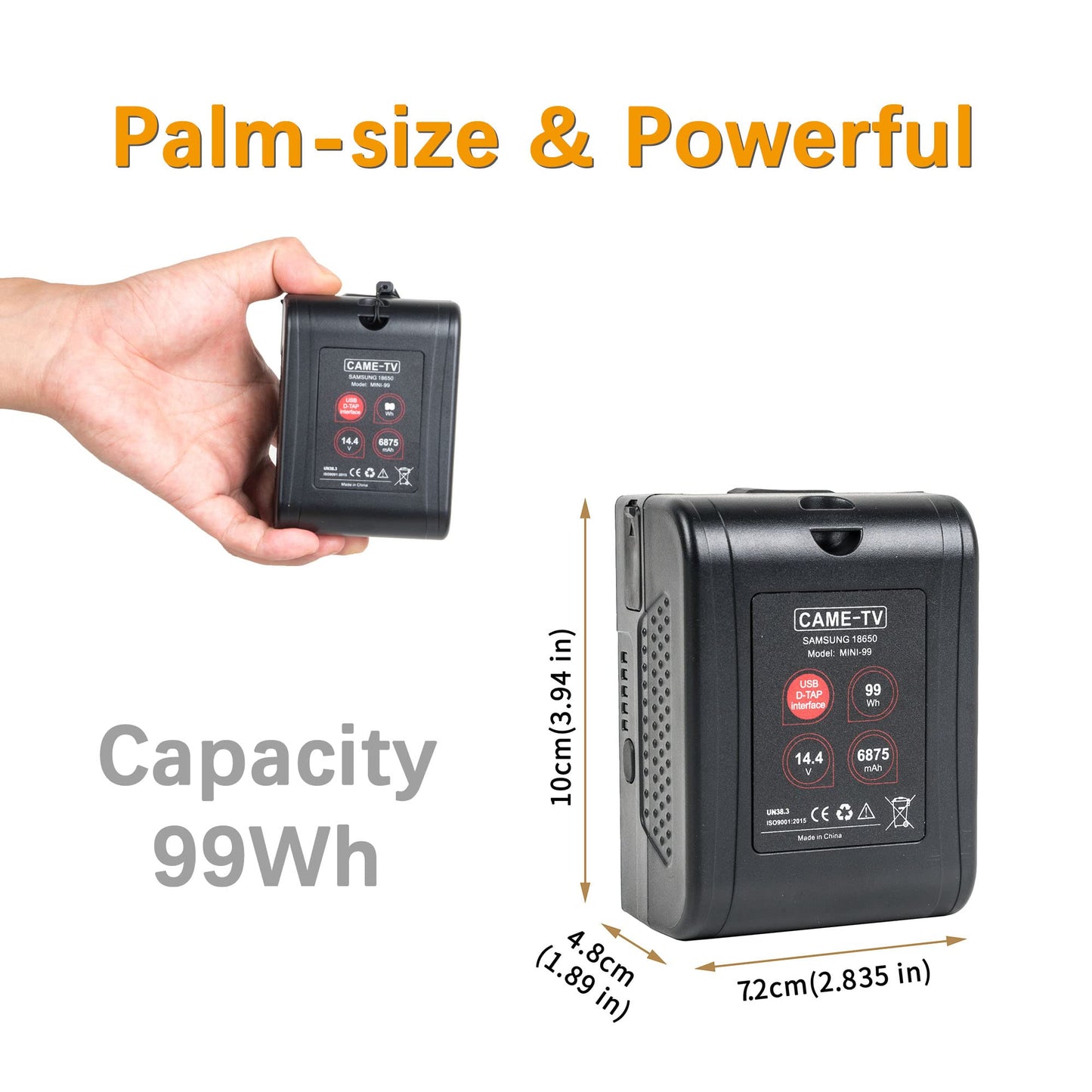 cametv 6875mAh Mini-99 V-Mount Battery 99Wh D-Tap 14.4V 15A and USB 5V 2.1A Compatible with BMPCC 4K / 6K, FX6, ZCAM-E2, A7s, Komodo Cameras