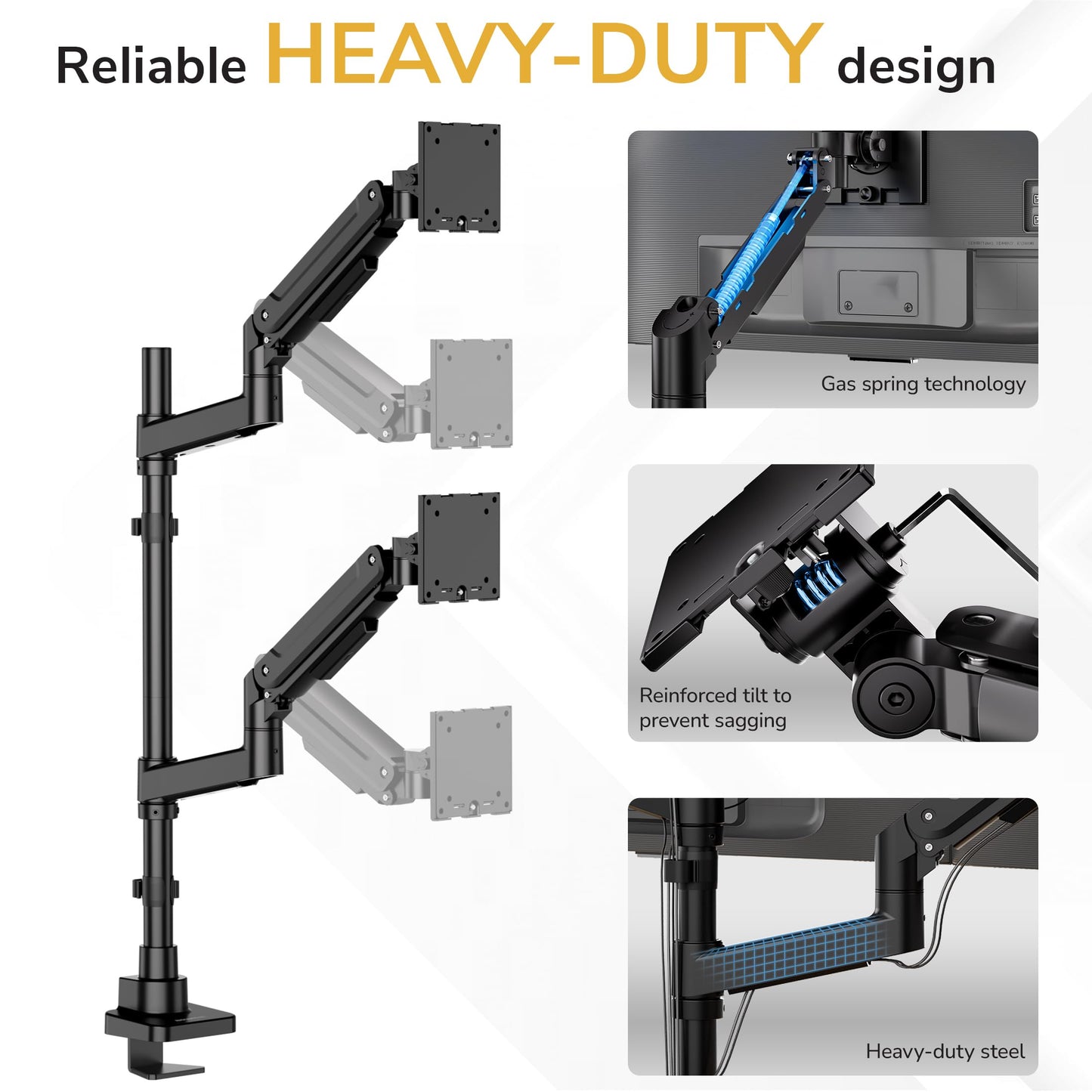 Mount-It! Dual Ultrawide Monitor Desk Mount for 17-49” Screens, Height-Adjustable Stacking Arms with Pole, Heavy Duty Gas Spring, Full Motion, VESA