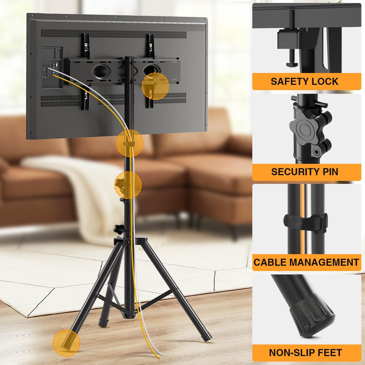 Tripod TV Stand for 23-75 inch Flat Screen/Curved TVs up to 100 lbs, Outdoor TV Stand with ±15° Tilt, Height Adjustable Portable TV Stands with Safety