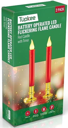 Tupkee Red LED Window Candles - Set of 2 Battery-Operated Flameless Christmas Candles with Flickering Flame & Timer for Holiday Window & Home Home