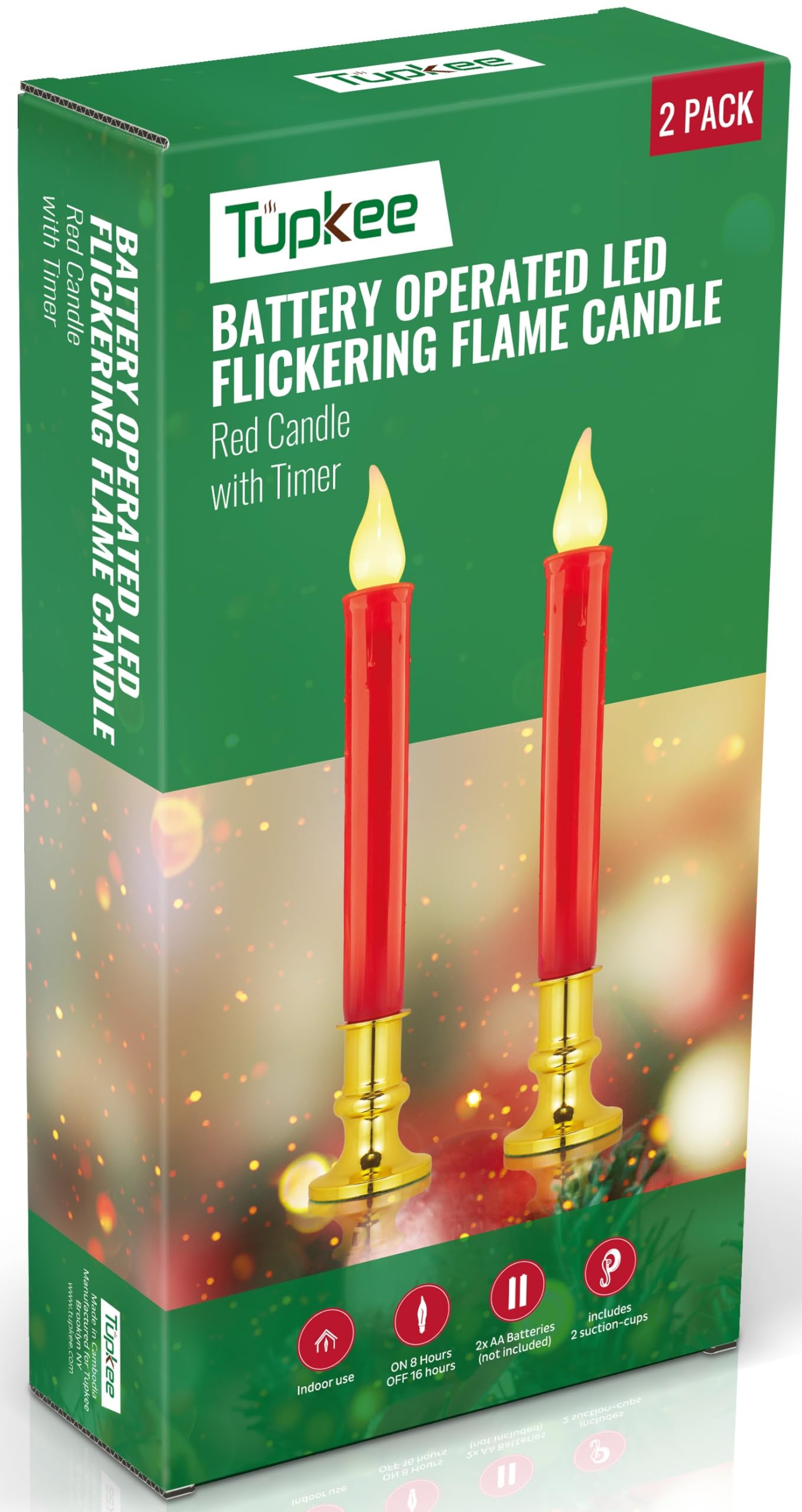 Tupkee Red LED Window Candles - Set of 2 Battery-Operated Flameless Christmas Candles with Flickering Flame & Timer for Holiday Window & Home Home