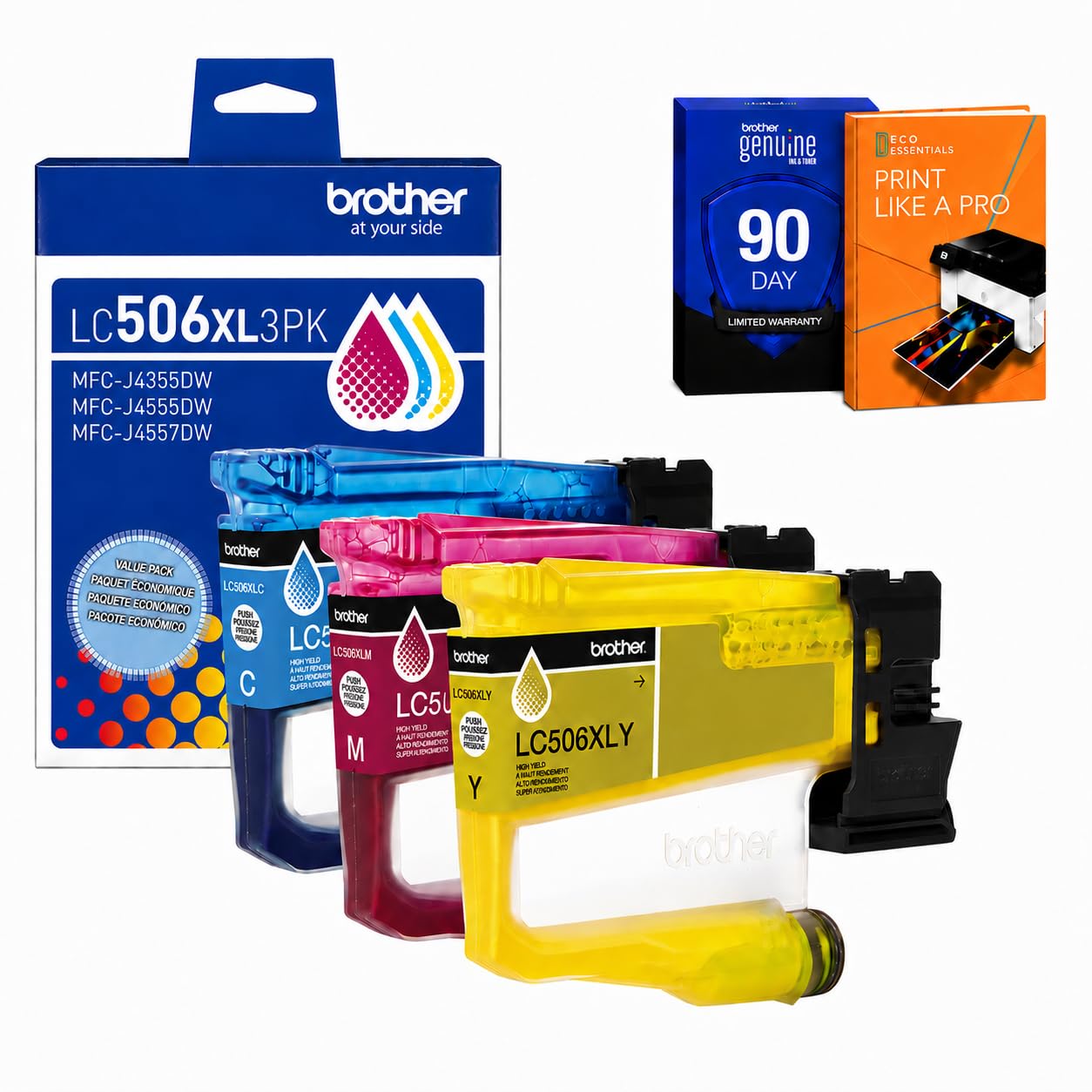 Brother Genuine LC506XL 3-Pack Color High-Yield Ink Cartridges (Cyan, Magenta, Yellow) Bundle with Deco Essentials Printer eBook for MFC-J4355DW