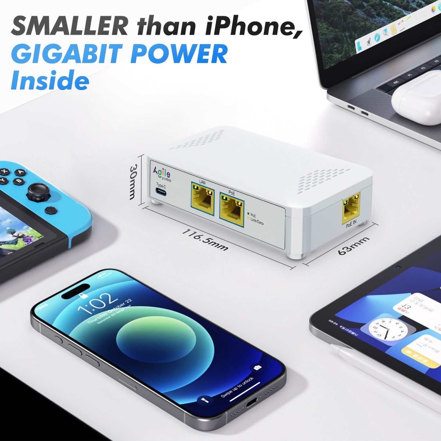 PoE to USB C Switch 60W IEEE 802.3af/at Compliant, 1 USB-C Port (30W PD Charging & Gigabit Ethernet) & 1 PoE+ Port & 1 Ethernet Port