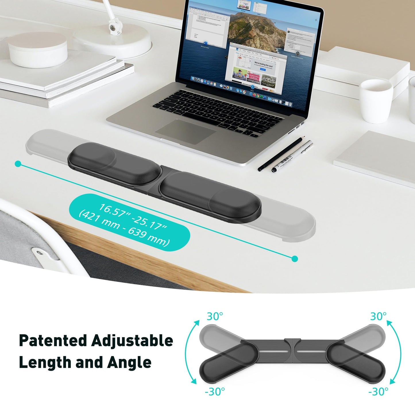 DeskLogics Adjustable Keyboard Wrist Rest, Extendable 16.57" to 25.17" Length & -30° to 30° Angle, Foldable Ergonomic Memory Foam Support for PC