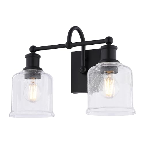 VAXCEL Northbrook 2-Light 16 in. Wide Matte Black Traditional Bathroom Vanity Lighting Fixture, Clear Seeded Glass Shade, Dimmable, LED Compatible