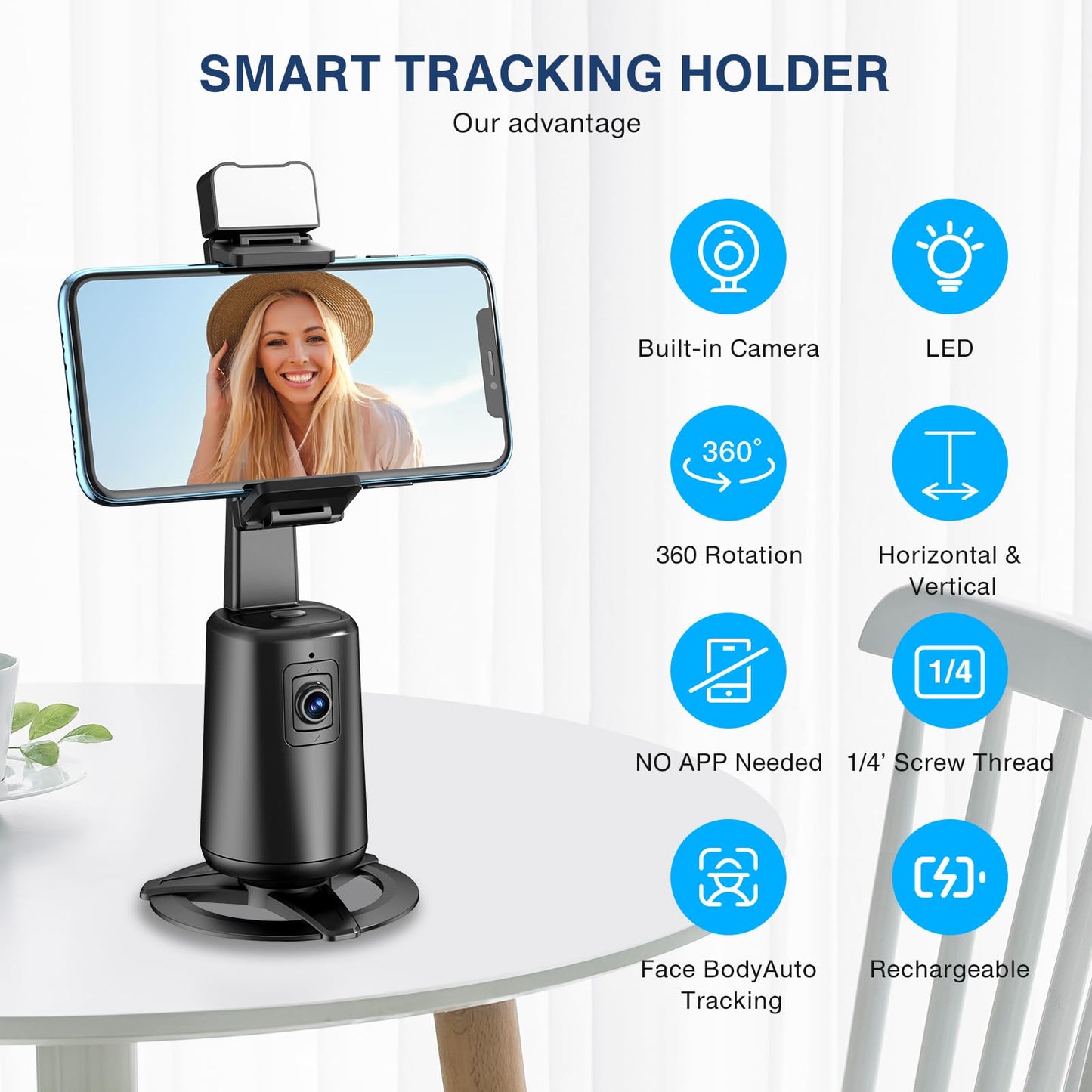 Auto Face Tracking Tripod 360° Rotating Cell Phone Photo and Video Kits Stand, No App, Camera Stand with Remote and Gesture Control, Rechargeable