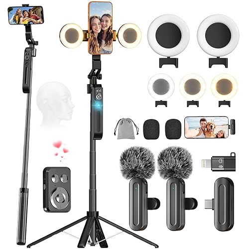 Content Creator Essentials Tripod for iPhone with Light & 2 Wireless Microphones, 71" Auto Face Tracking 360° Rotation Vlogging Kit