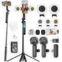 Content Creator Essentials Tripod for iPhone with Light & 2 Wireless Microphones, 71" Auto Face Tracking 360° Rotation Vlogging Kit