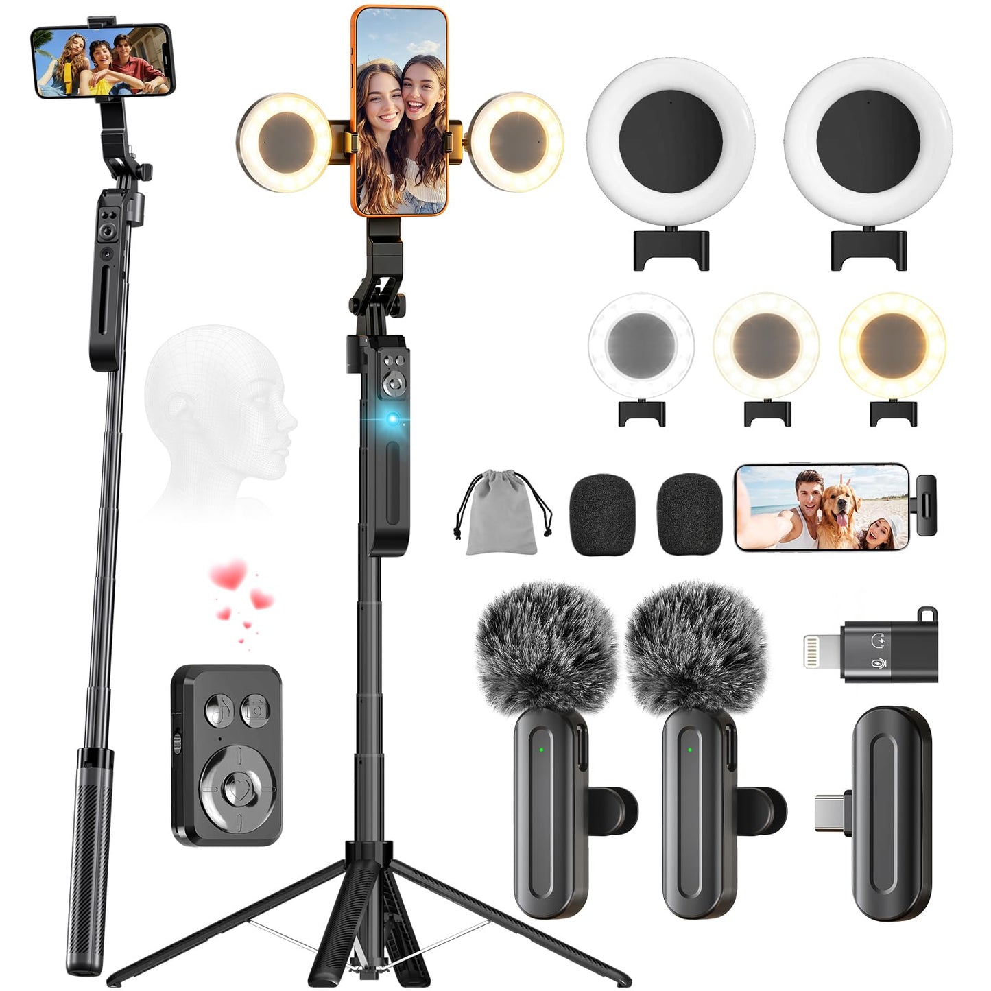 Content Creator Essentials Tripod for iPhone with Light & 2 Wireless Microphones, 71" Auto Face Tracking 360° Rotation Vlogging Kit