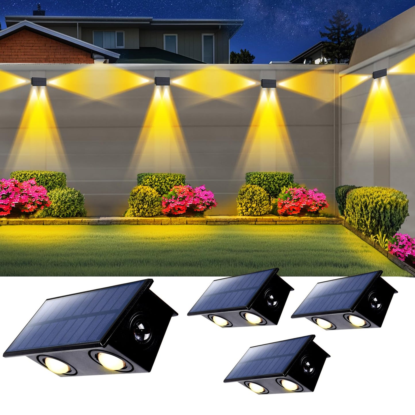 POLIGHTY 4 Pack 3-Side Solar Fence Lights Outdoor Waterproof with Warm White LED Spot Lens, for Wall, Deck, Patio, Yard, Rail, Garage, Pool, Designed