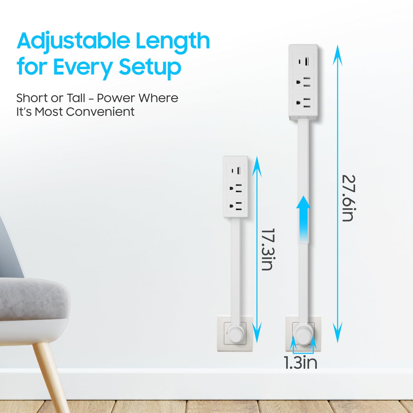 Power Outlet Extender Stick-2AC Plugs-Power Strips USB C & A Ports-180° Rotating Electrical Plug Extension-Surge Protector Power Strip Flat Plug-Wall