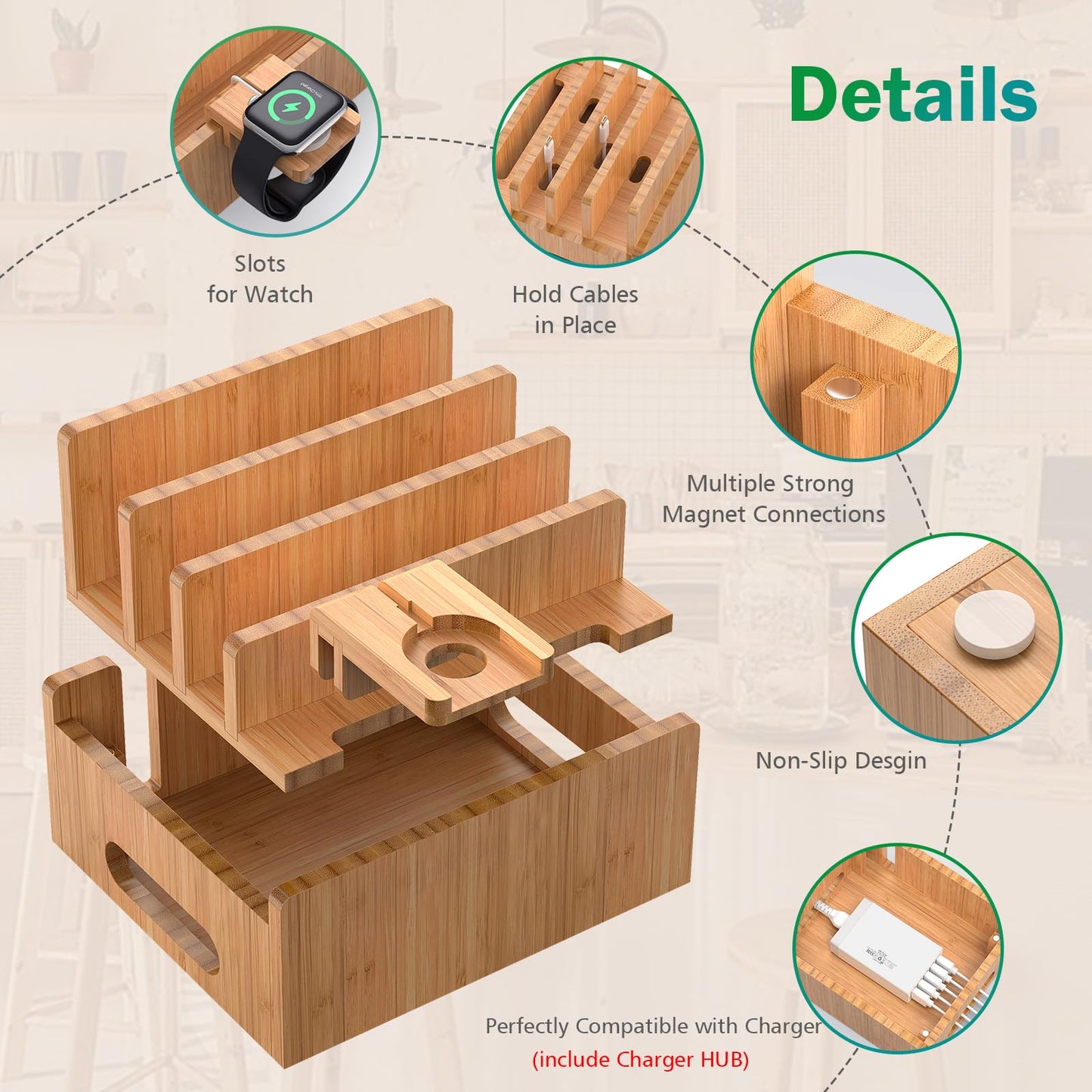 Pezin & Hulin Bamboo Charging Station for Multiple Devices with 5 Port USB Charger,5Cables,Smart Watch&Earbuds Stand, Desk Docking Stations Electronic
