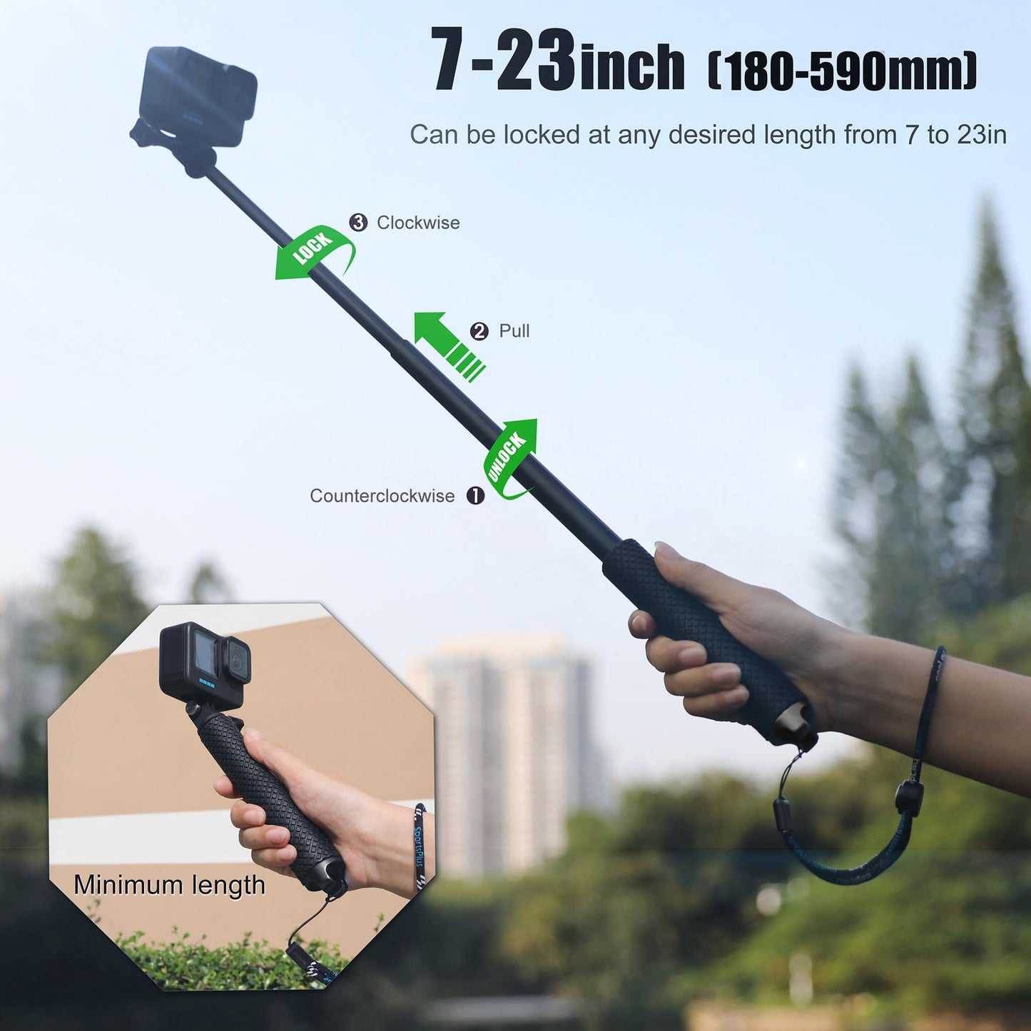 SOONSUN 23'' Short Extension Selfie Stick Compact Hand Grip Waterproof Monopod Pole for GoPro Hero 13 12 11 10 9 8 7 6 5 4, Fusion, Session, Insta360