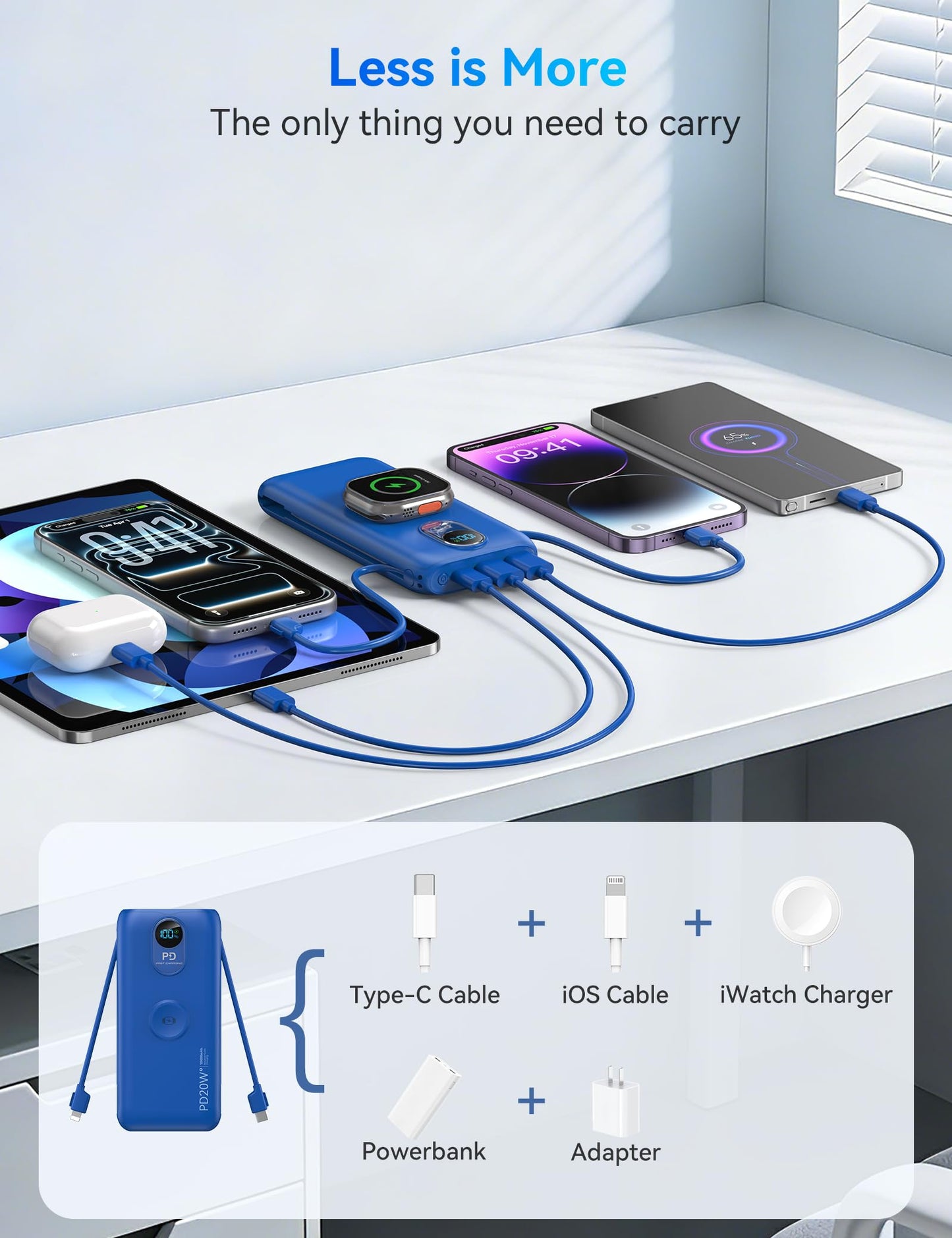 LENGSUM Portable Charger, 10000mAh 20W Fast Charging Power Bank with Built in Cables & AC Wall Plug & LED Display, Travel Essentials Battery Pack
