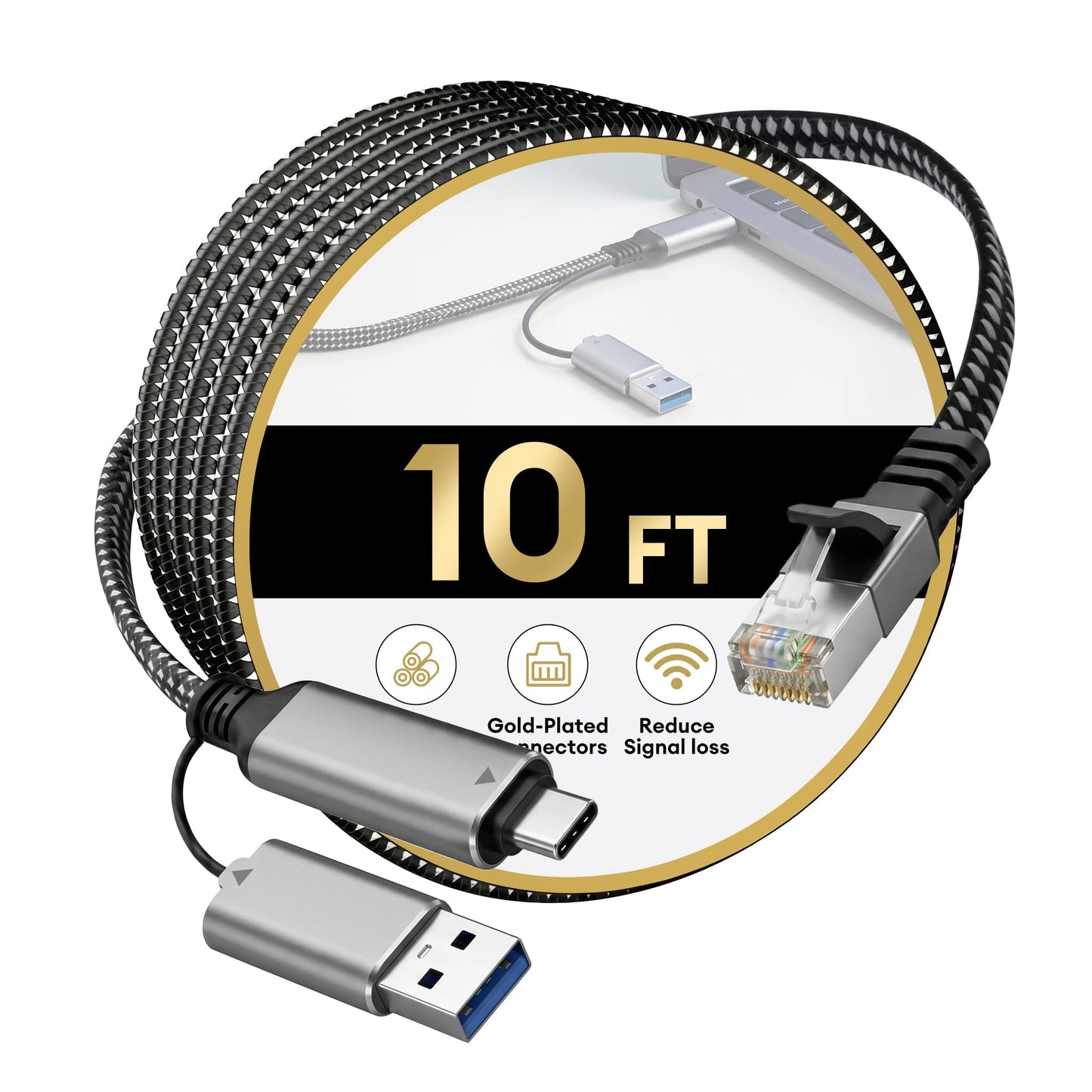 Molltto USB 3.0 to Ethernet Adapter Cable 10FT, USB C & USB A 2 in 1