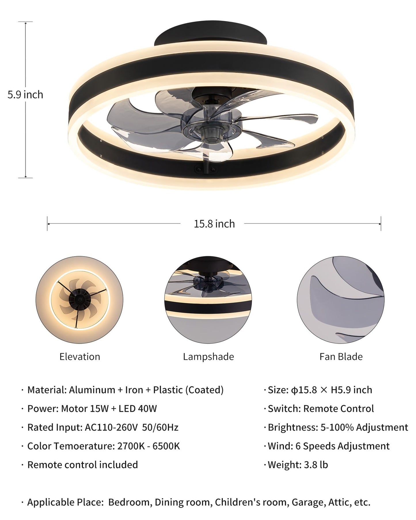 KDG 15.8" Black Low Profile Ceiling Fans with Light, Bedroom Fan Lighting