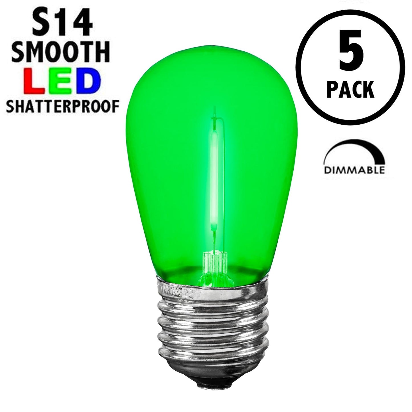 Novelty Lights Outdoor String Light Replacement Bulbs, 5 Pack S14 LED Edison Shatterproof Plastic, E26 Base, 30,000-Hour Lifespan, Green