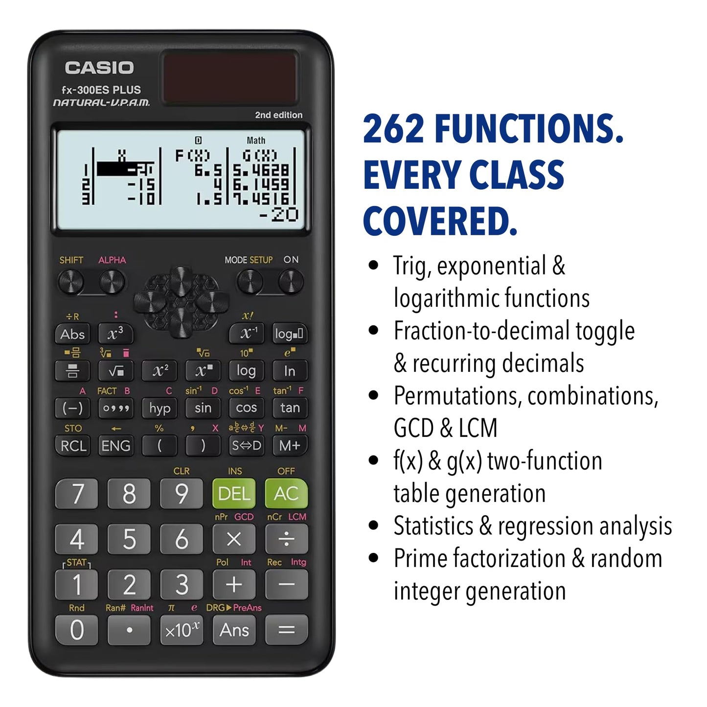Casio fx-300ES Plus 2nd Edition - Standard Scientific Calculator | 262 Functions, Natural Textbook Display? | Ideal for Middle, High School Math