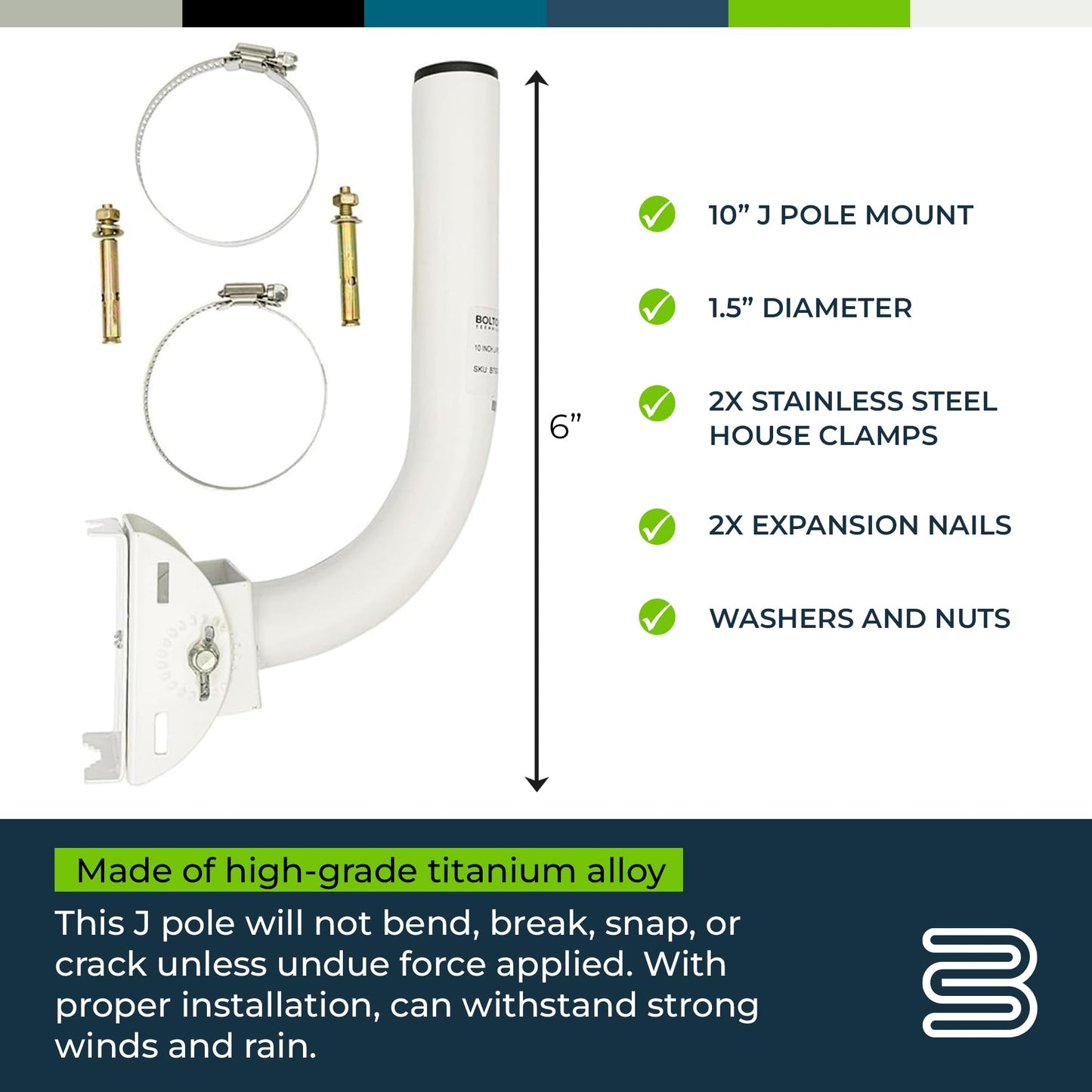 Bolton Technical 10” Inch J Pole Mount Accessory for Outside Antenna(Signal Booster Antenna, Yagi Antenna, Antenna Expansion kit, Dish, TV Antenna