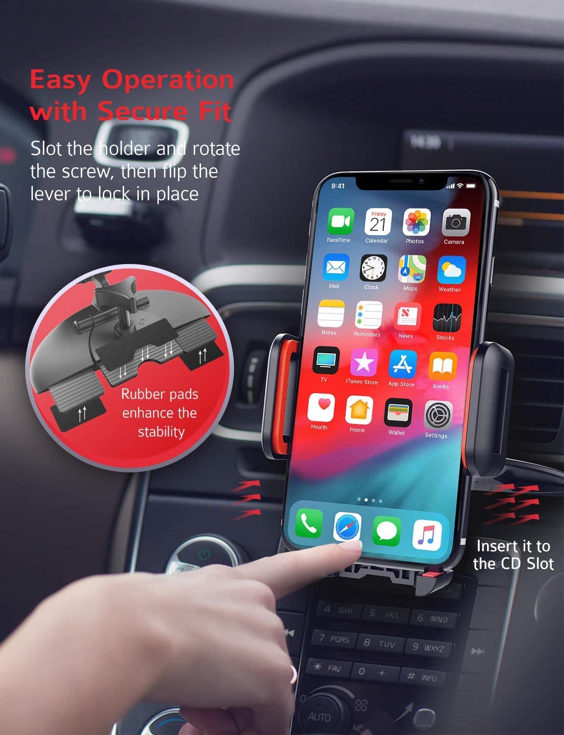 VSSMSSA Cell Phone Holder for Car, CD Slot Mount, One-Handed Operation, Compatible with iPhone14 13 12 Mini 11 Pro XR XS MAX Galaxy S20 S20+ S10 Red