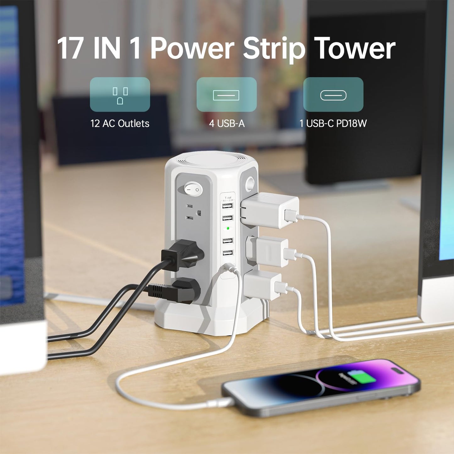 Surge Protector Power Strip Tower with PD18W USB C Port,10FT Extension Cord with 12 AC Mutiple Outlets 5 USB Charging Ports, PASSUS Power Tower Surge