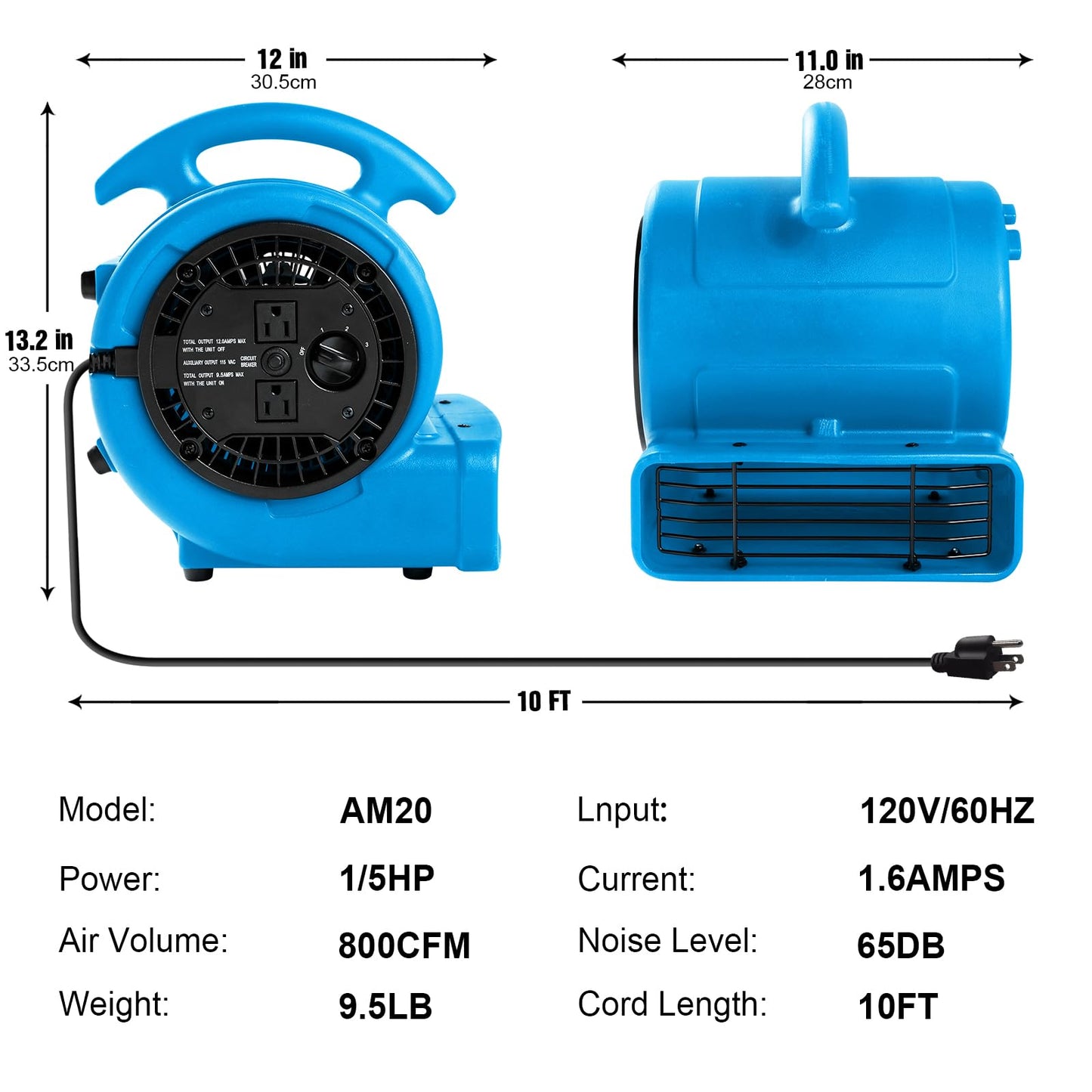 MOUNTO 1/5hp Air Mover 800cfm Blower Fan Carpet Floor Drying Fan - 3-Speed Compact Air Mover w/Dual Outlet, 10ft Power Cord for Drying, Cooling, Air