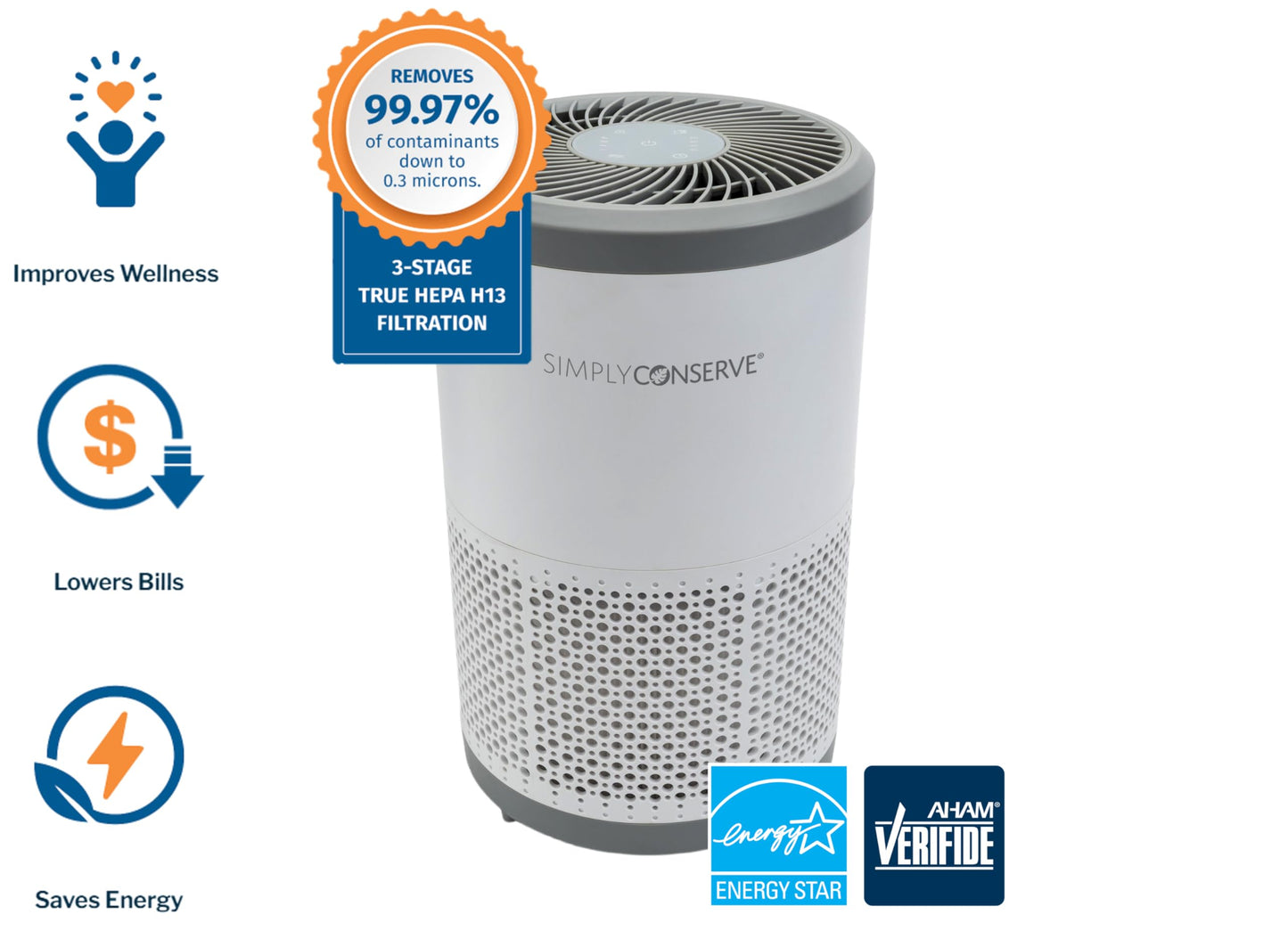 Simply Conserve Tabletop Air Purifier for Home, Bedroom, Living Room | True HEPA H13 Filter | ENERGY STAR | Removes 99.97% of Dust, Smoke, Pollen