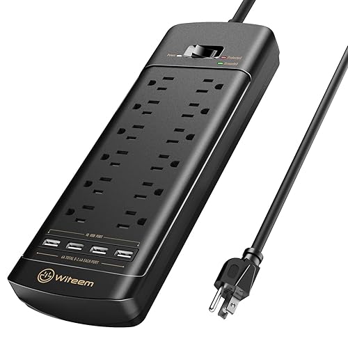 Witeem Surge Protector Power Strip - 12 Outlets,4 USB 6A Ports, 6Ft Extension Cord, 1875W/15A, 4360Joules, Overload Protection - Ideal for Home
