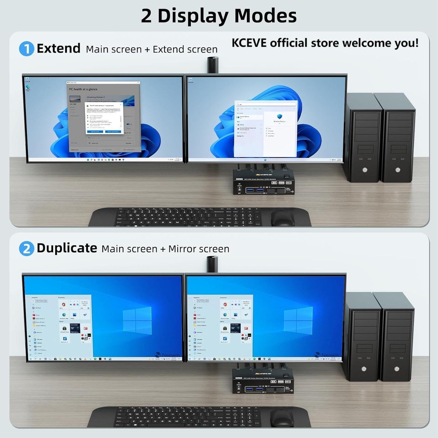 8K KVM Switch 2 Monitors 2 Computers Displayport HDMI, Dual Monitor USB 3.0 DP KVM Switcher Supports 8K@60Hz for 2 Computers Share Keyboard, Mouse