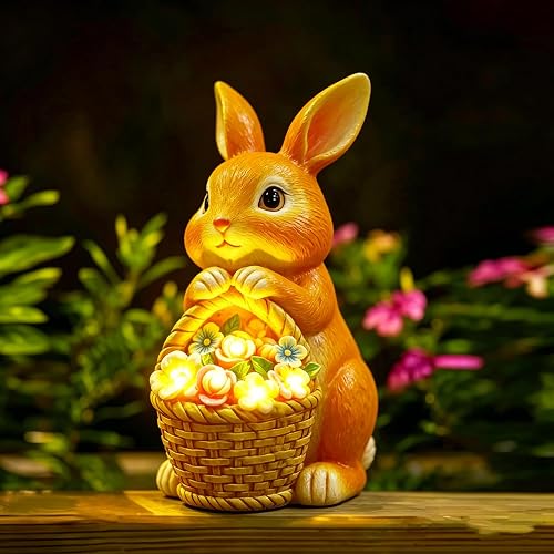 Yuntrav Solar Bunny Statue, 6x4.7x8.5 Inch Waterproof Resin Garden Figurine, Solar Warm LED Light Auto On Off Outdoor Rabbit Ornament for Patio
