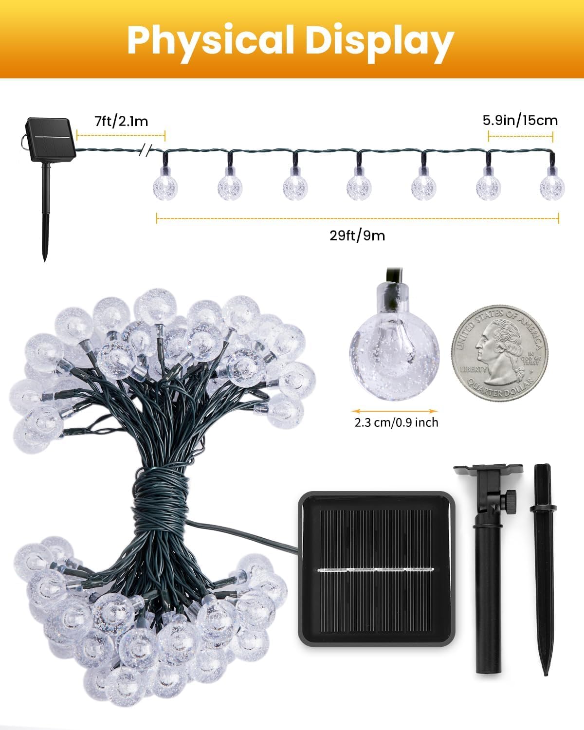 LSLCQW Solar String Lights Outdoor Waterproof, 1 Pack 50 LED 2.3CM 23 FT Each, Solar Powered Patio Lights with 8 Lighting Modes for Garden Yard Porch