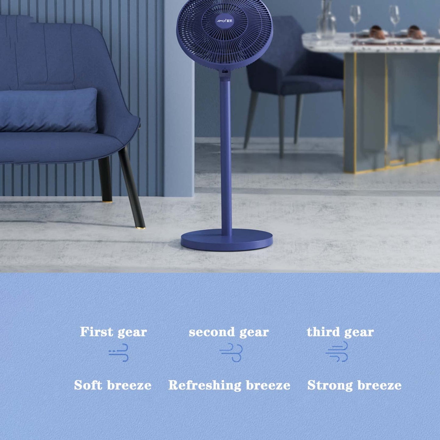 BNE Pedestal fan, 3-speed adjustment - 45 watts low power consumption - Quiet - Remote control - Oscillating head, suitable for office, home use