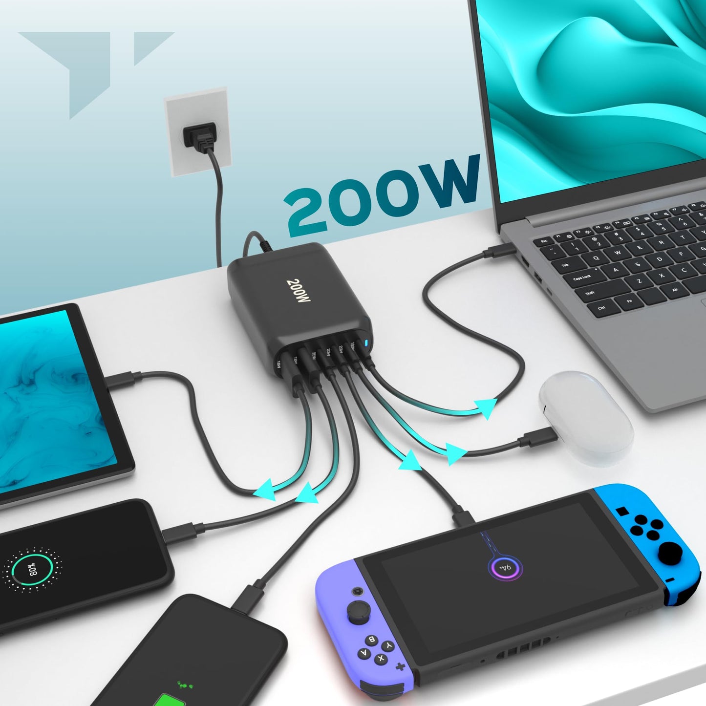 Turonic 200W Charging Station USB-C & USB-A Desktop Charger, 4 USB-C + 2 USB-A Ports, 100W Max USB-C Fast Charging, High-Power Multiport Charging Hub