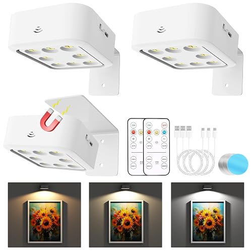 3 Pack Picture Lights for Wall, Rechargeable Battery Operated Wall Lights, Picture Frame Lights with 3 Lighting Modes, Wireless Magnetic Painting
