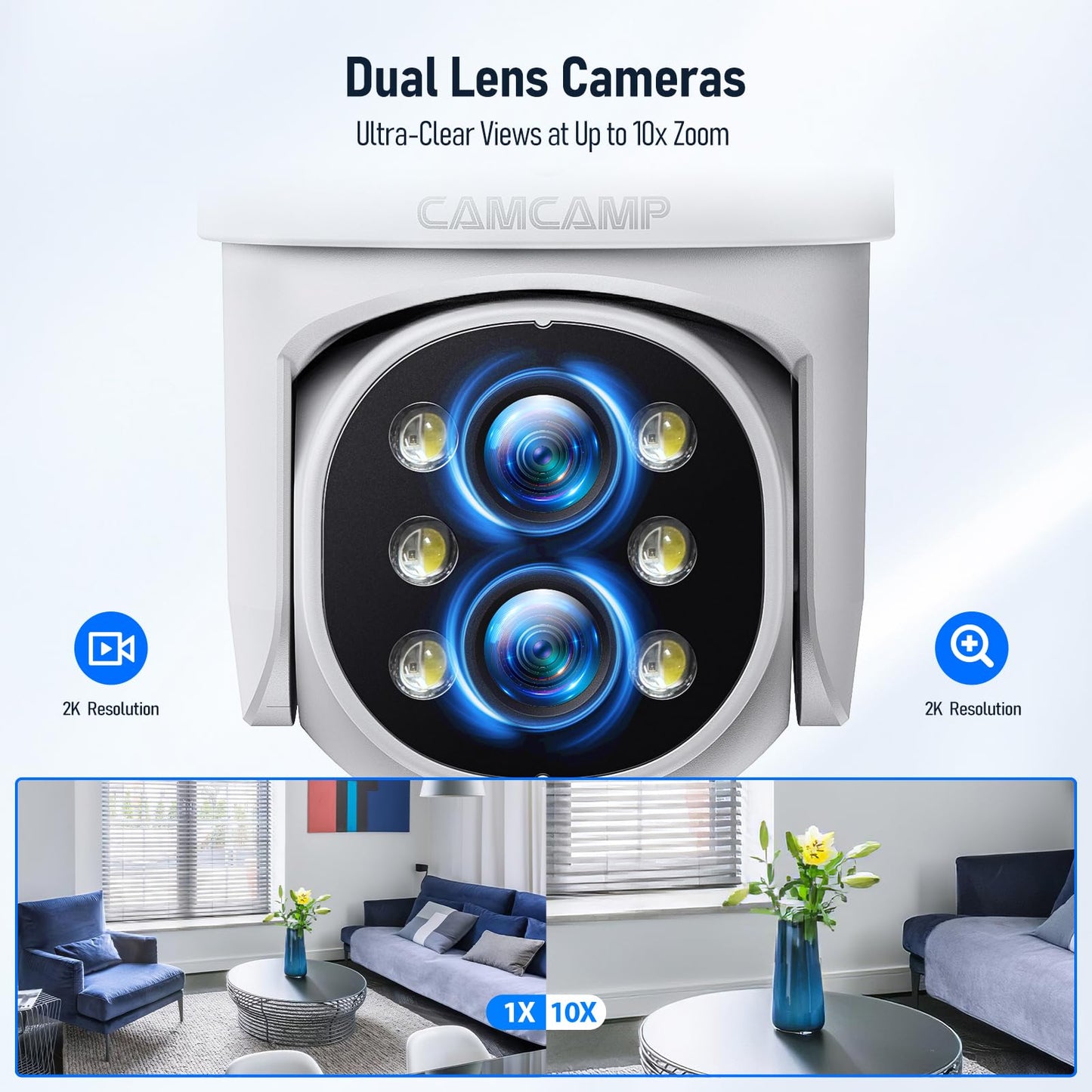 Camcamp Wireless Security Camera System with Monitor,10x Zoom 5MP Dual Lens Security Camera Outdoor with Night Vision,Motion Detection,Expandable 10CH