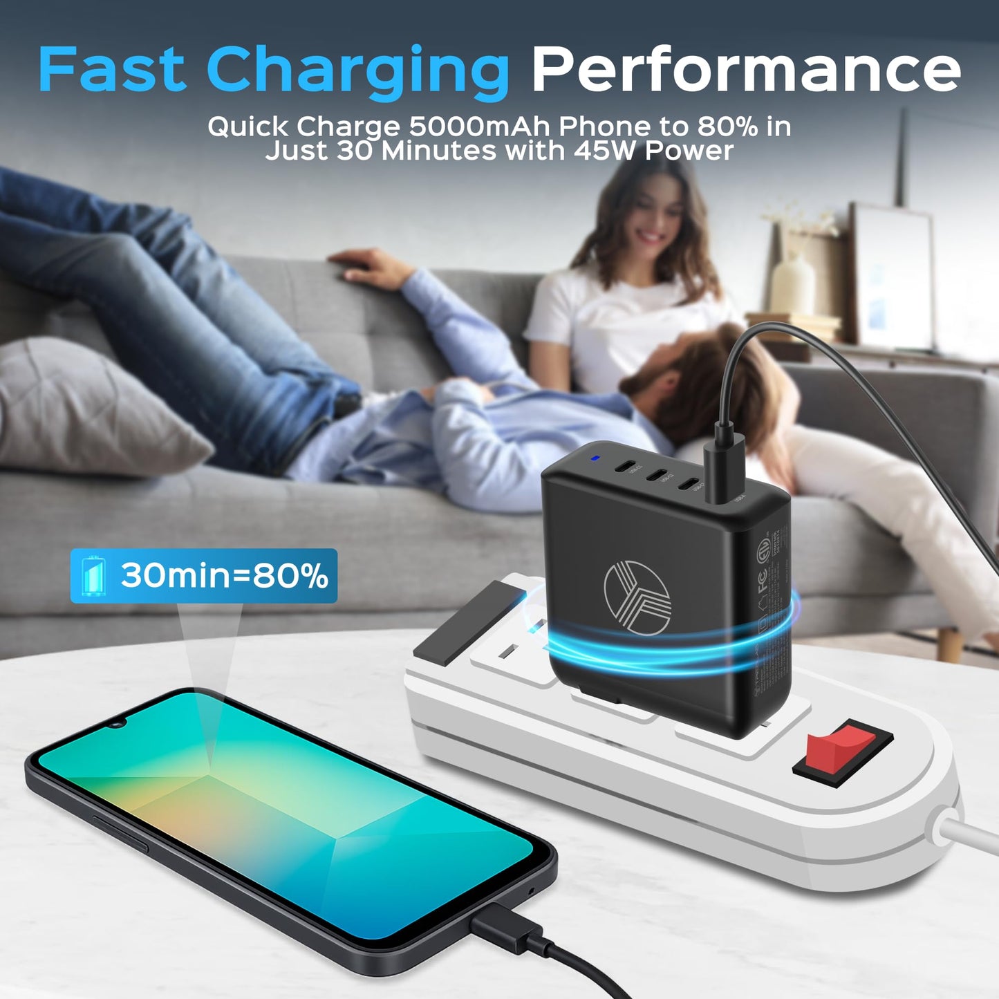 TREBLAB 100W Charger - 100W USB C Charger with Dual USB-C PD Ports, USB-A 30W Output, GaN Technology, Fast Charging Adapter with Wide Voltage Input