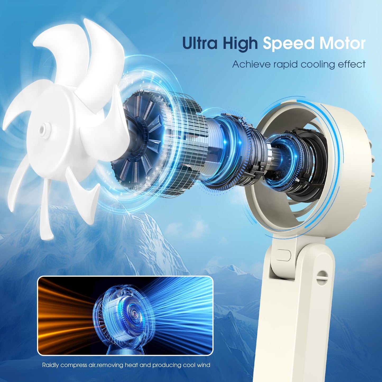?5200mAh?Portable Handheld Fans for Travel, High-Speed Motor, Rechargeable Hand Held Fan, 5 Speed,180°Foldable, Small Personal Fan,4-IN-1