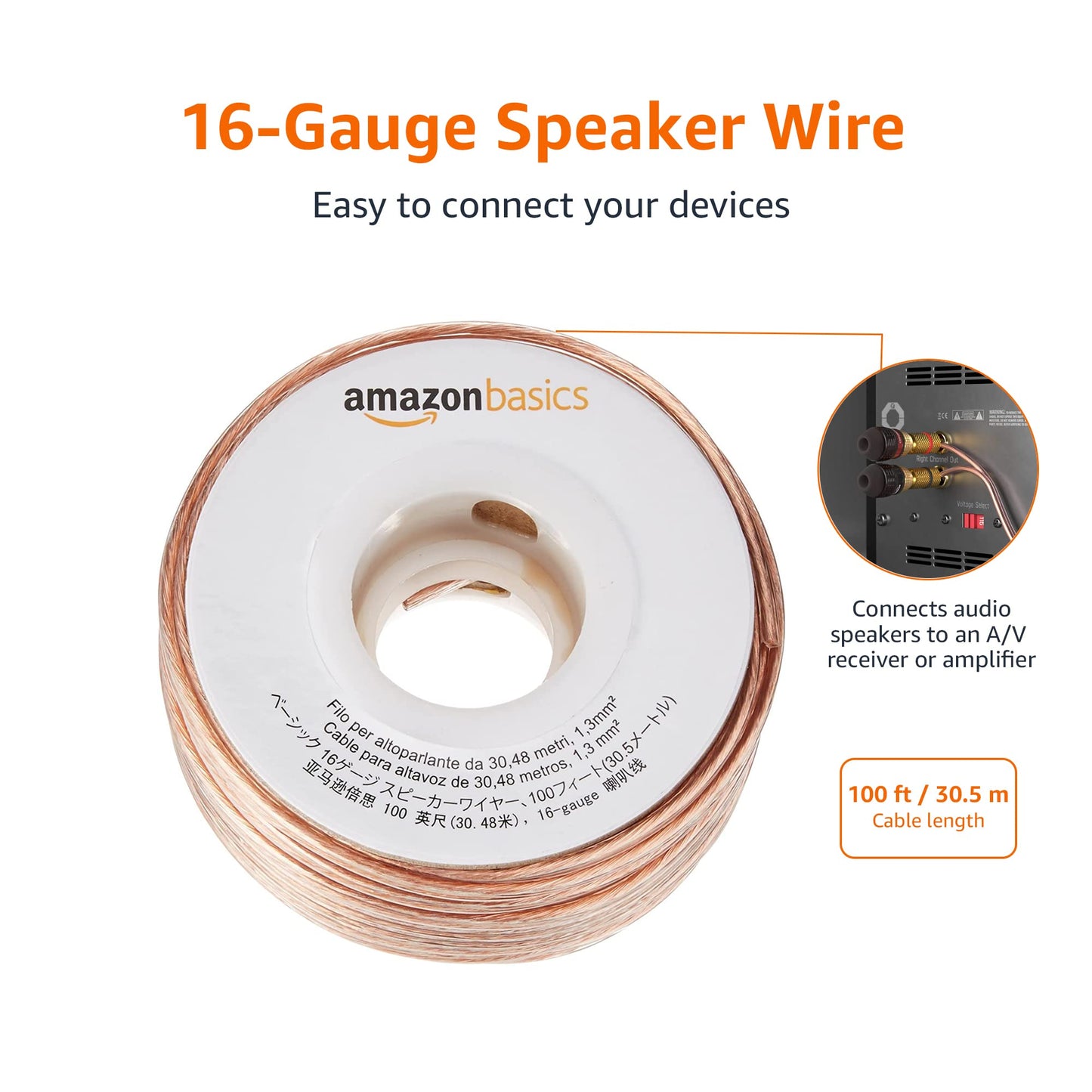 Amazon Basics 16-Gauge Speaker Wire Cable, Polarity Marked, 100 ft, Bronze