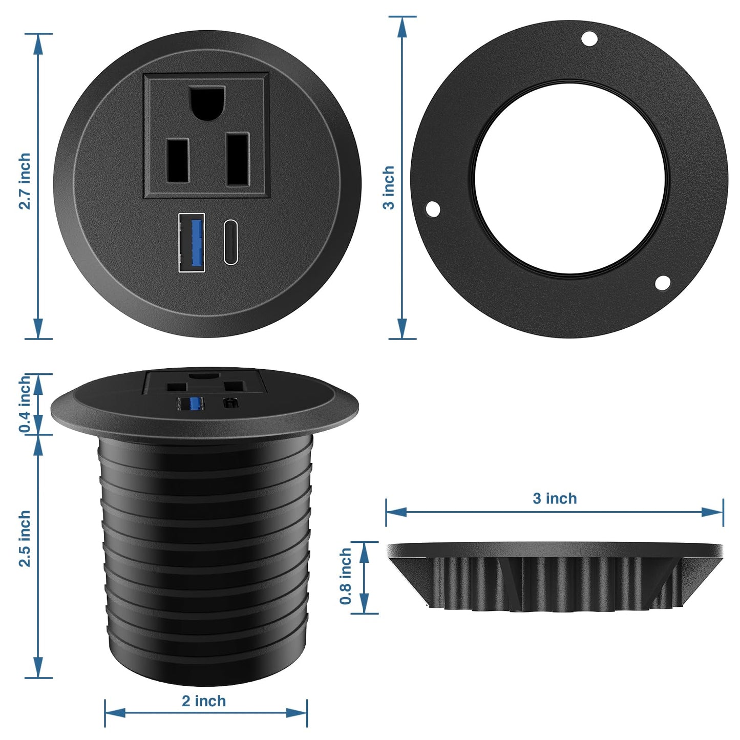 Desktop Power Grommet, 2inch Desktop Power Grommet Outlet, Recessed Power Strip Outlet with 1 USB and 1 Type-C, 20W PD Fast Charge for Desk, Kitchen