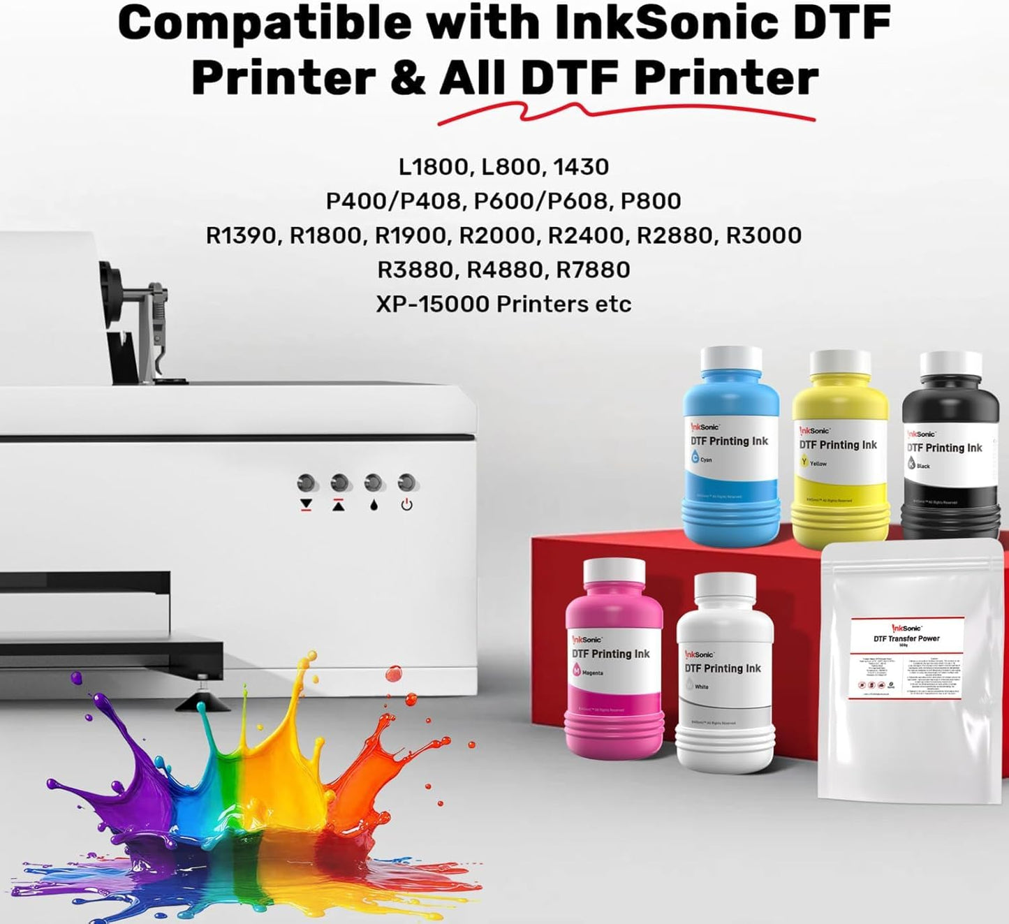 InkSonic 1500ML DTF Ink, Premium DTF Transfer Ink for PET Film, Refill Ink Compatible for DTF Printer L1800, R1390, L805, L800, DX7, XP600, I1600