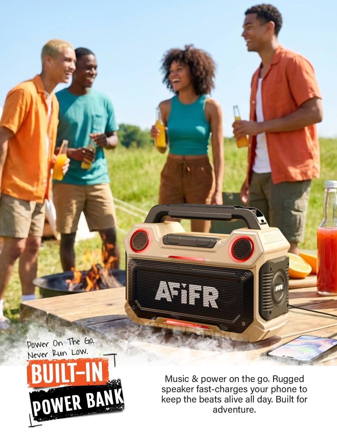 AFIFR Outdoor Bluetooth Speaker, 160W Loud Bass! Rugged, IP67 Waterproof, 24H Playtime with Lights, Wireless TWS Pairing Portable Speakers for Party