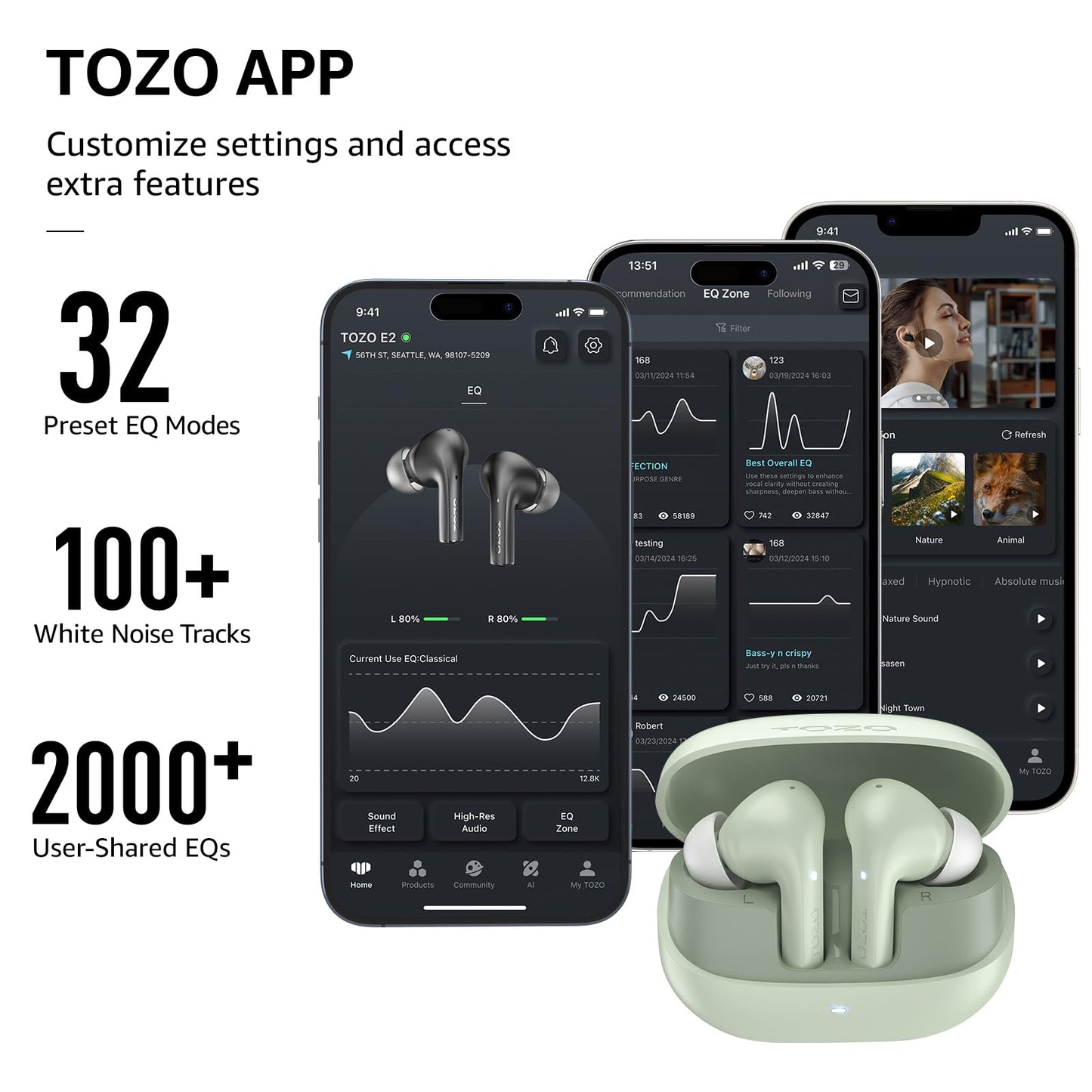 TOZO E2 Wireless Earbuds with 2 Mics AI Call Noise Cancellation, 10mm Drivers with Powerful Bass, App Customize 32 EQs, 30H Playtime, Bluetooth 5.3