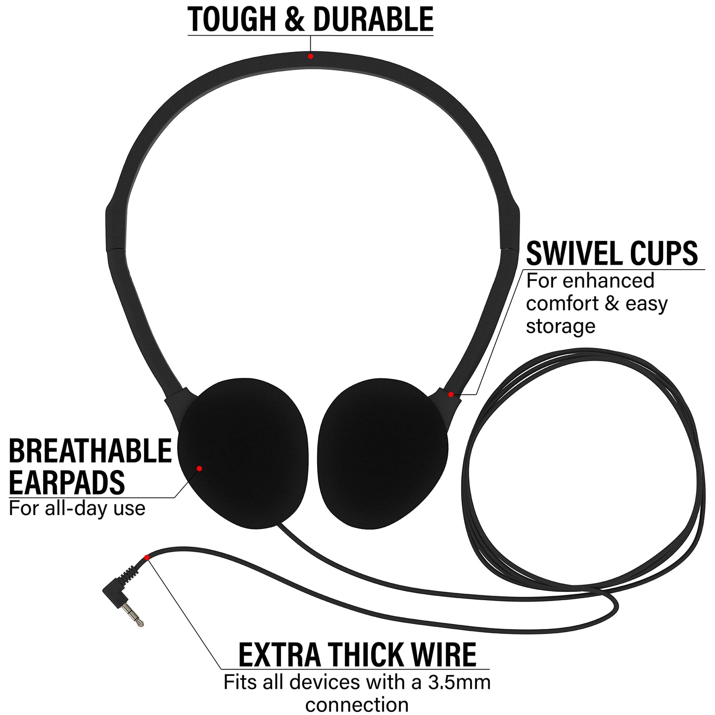 Maeline Bulk On-Ear Headphones with 3.5 mm Headphone Plug - 10 Pack Wholesale Bundle - Multi Color