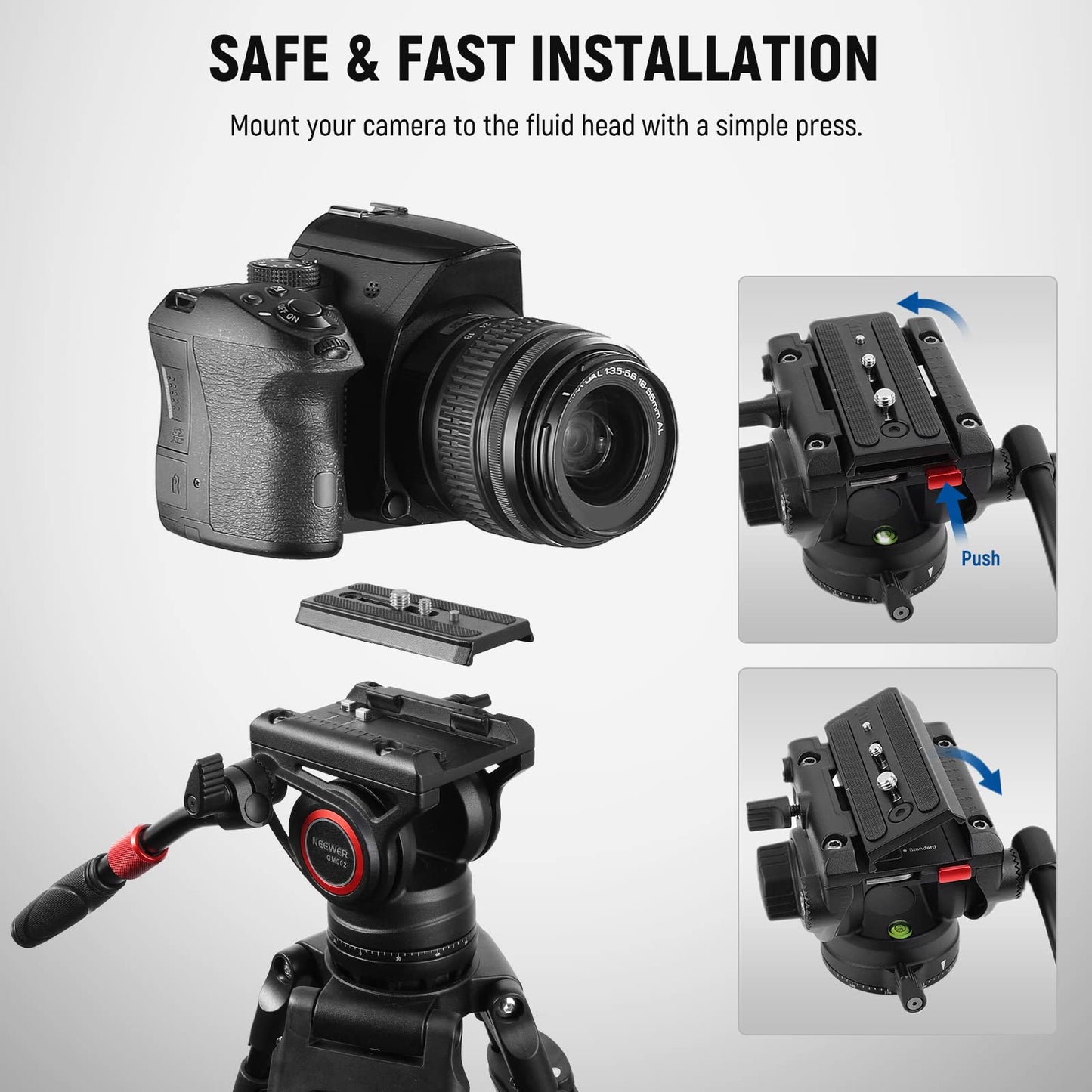 NEEWER Video Tripod Fluid Head with Quick Release Plate, Telescopic Handle & Scaled Base (75mm Dia.) Heavy Duty, Max Load 17.6lb/8kg for Video Cameras