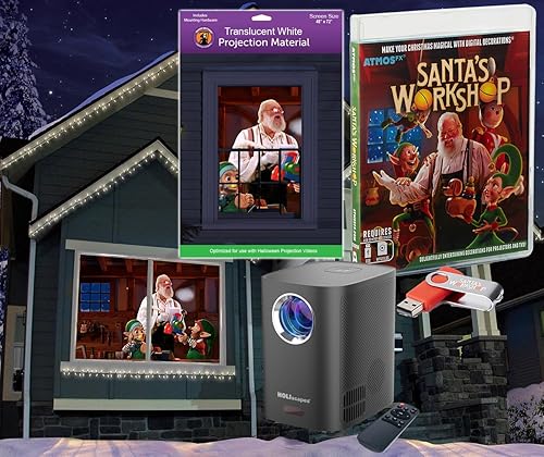 Christmas Digital Decoration Kit Includes AtmosFX Santa's Workshop with 5 Video Effects for Christmas Plus HD Super Bright Projector and 48” x 72”
