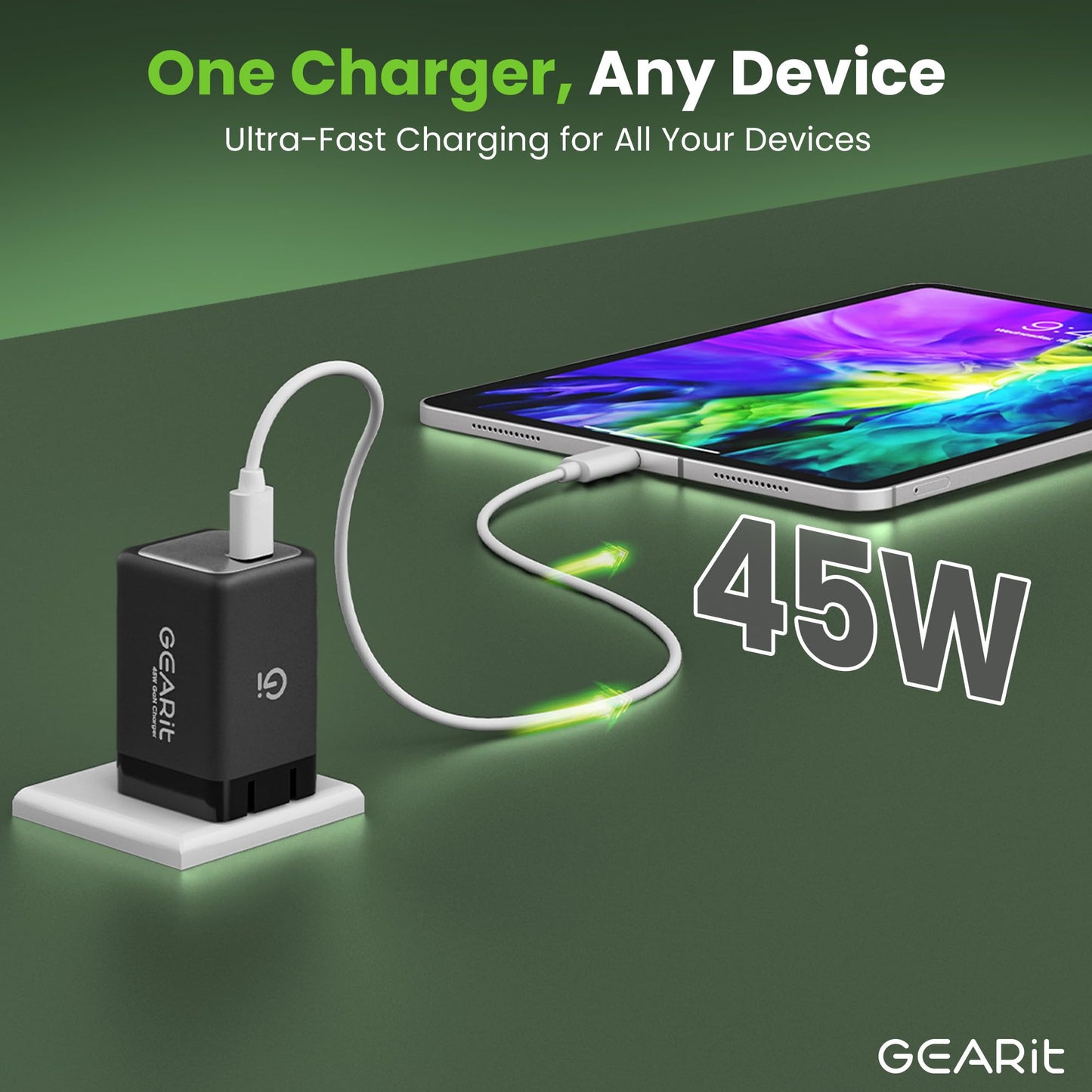 GEARit Compatible with Apple, Samsung, iPhone, iPad | 45W USB C Charger Block | Foldable GaN Wall Charger Box | Fast Charging Wall Plug Power Adapter
