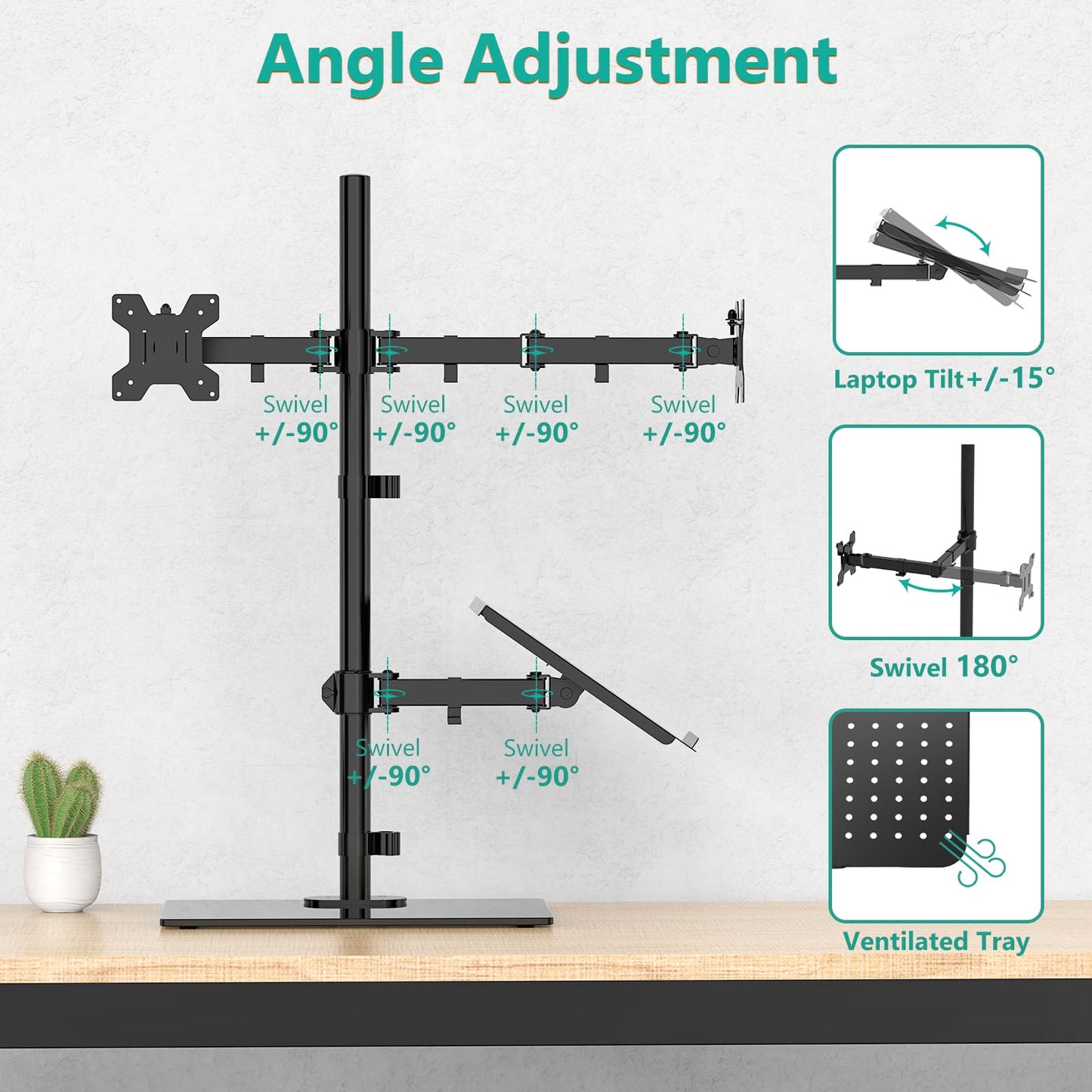 WALI Dual Monitor Stand with Laptop Holder, Height Adjustable Laptop Stand for Desk, Fits up to 27 inch Monitors and 17 inch Laptops, Freestanding
