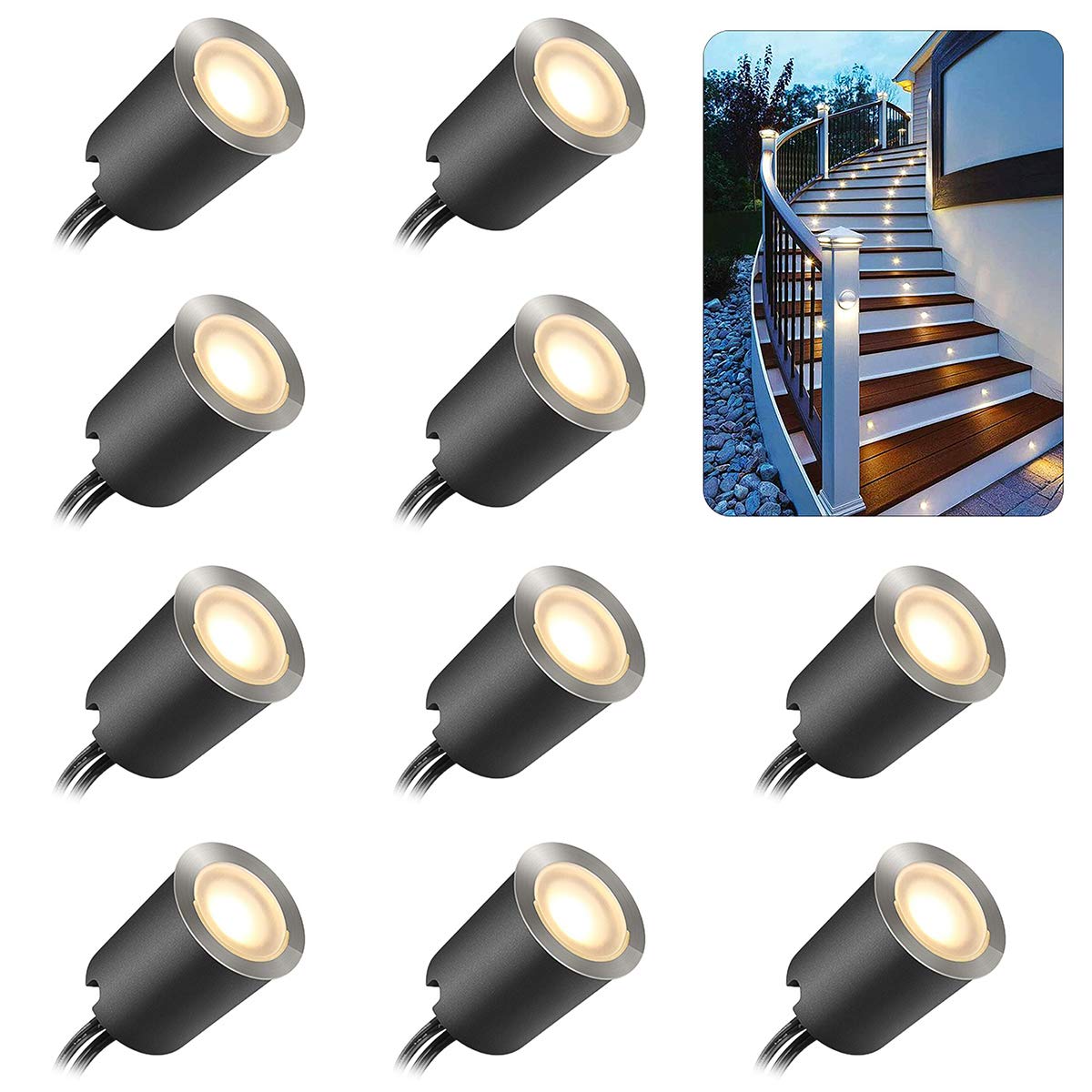 SMY Lighting 10 Pack Recessed LED Deck Light Kits with Protecting Shell, 32mm, Warm White, IP67 Waterproof, 12V Low Voltage, for Outdoor Garden