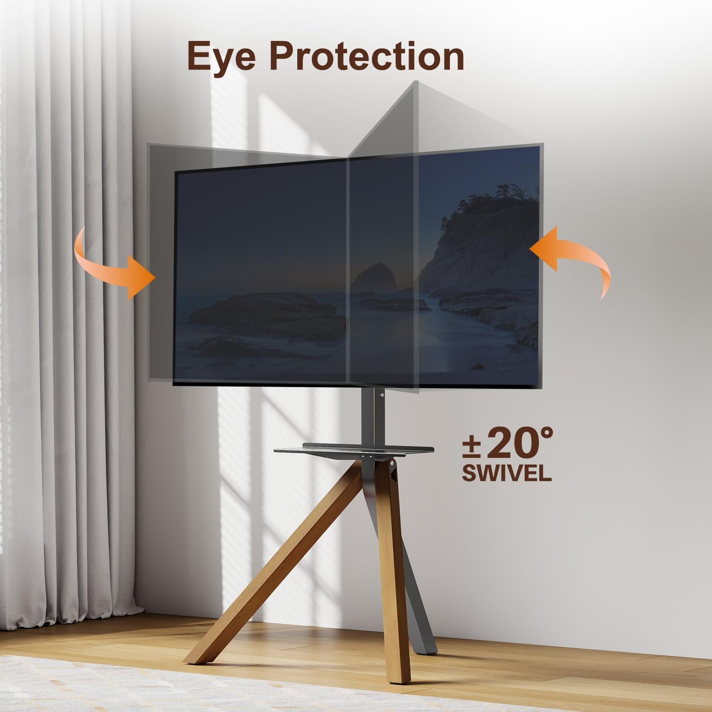 Tripod Easel TV Stand for 32 to 75 Inch LCD LED OLED Screen, Modern Floor TV Stand with Swivel Mount, Wooden Legs Minimalist Style, Portable Corner TV